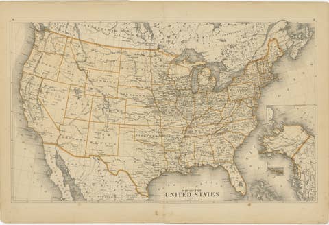 1874 Map of the United States with Territorial Boundaries
