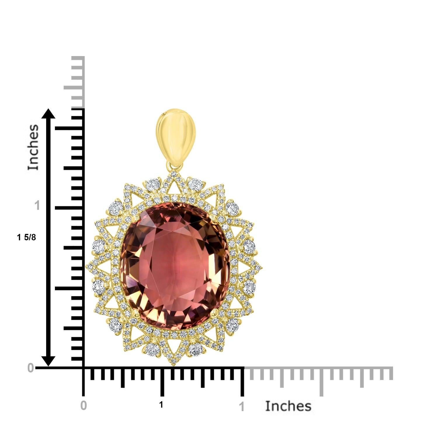 Crafted of rich 18K yellow gold, wear this striking pendant to nail the perfect look each time. Set with a gorgeous oval cut Tourmaline, it is bordered by shimmering round cut Diamonds that spread a marvelous glow everywhere you go.

18.74ct