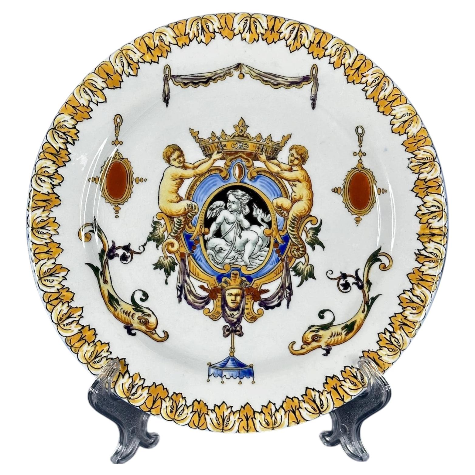 1875, Antique Gien French Hand Painted Dish For Sale