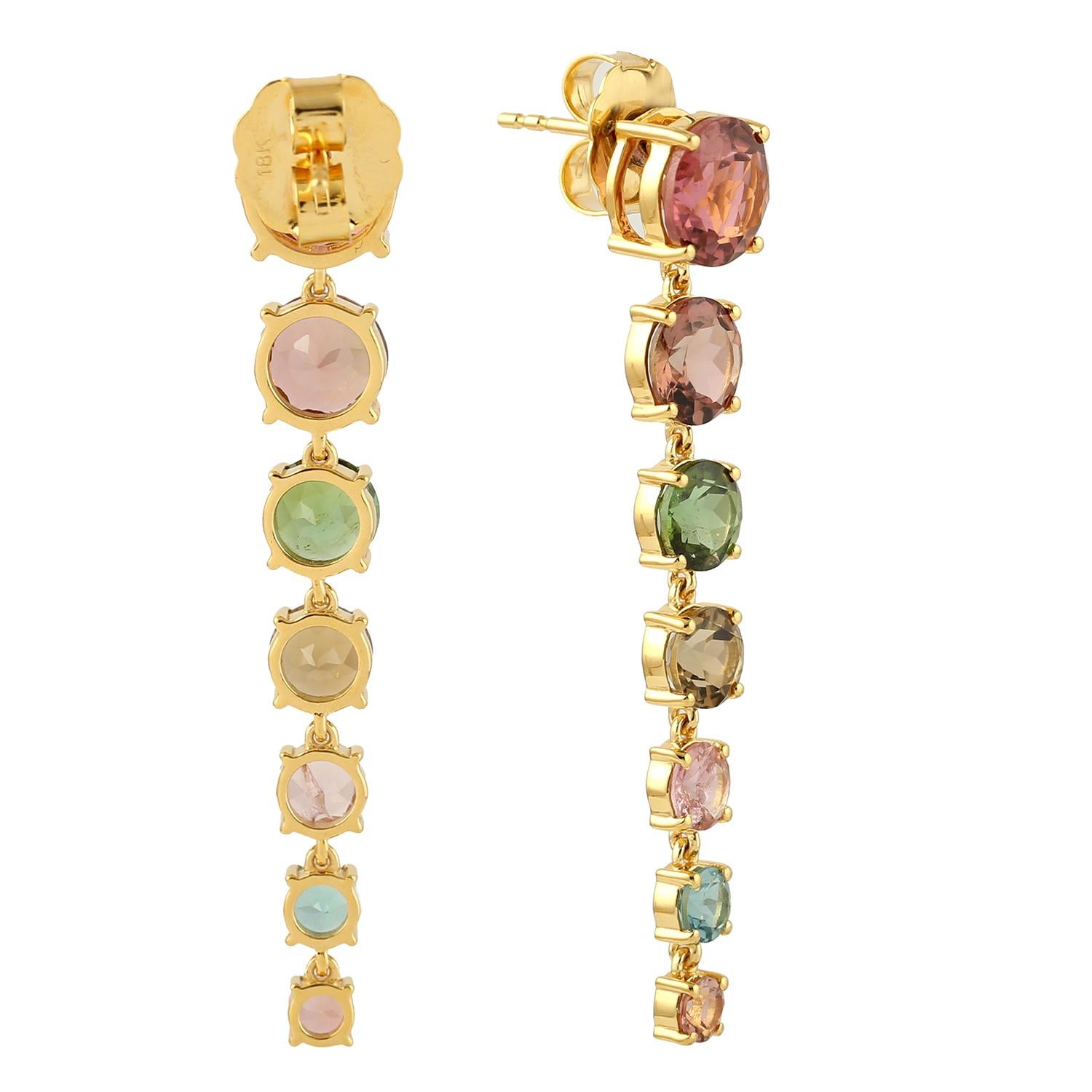 Contemporary 18.75 ct Multicolored Round Tourmaline Dangle Earrings Made In 18k Yellow Gold For Sale