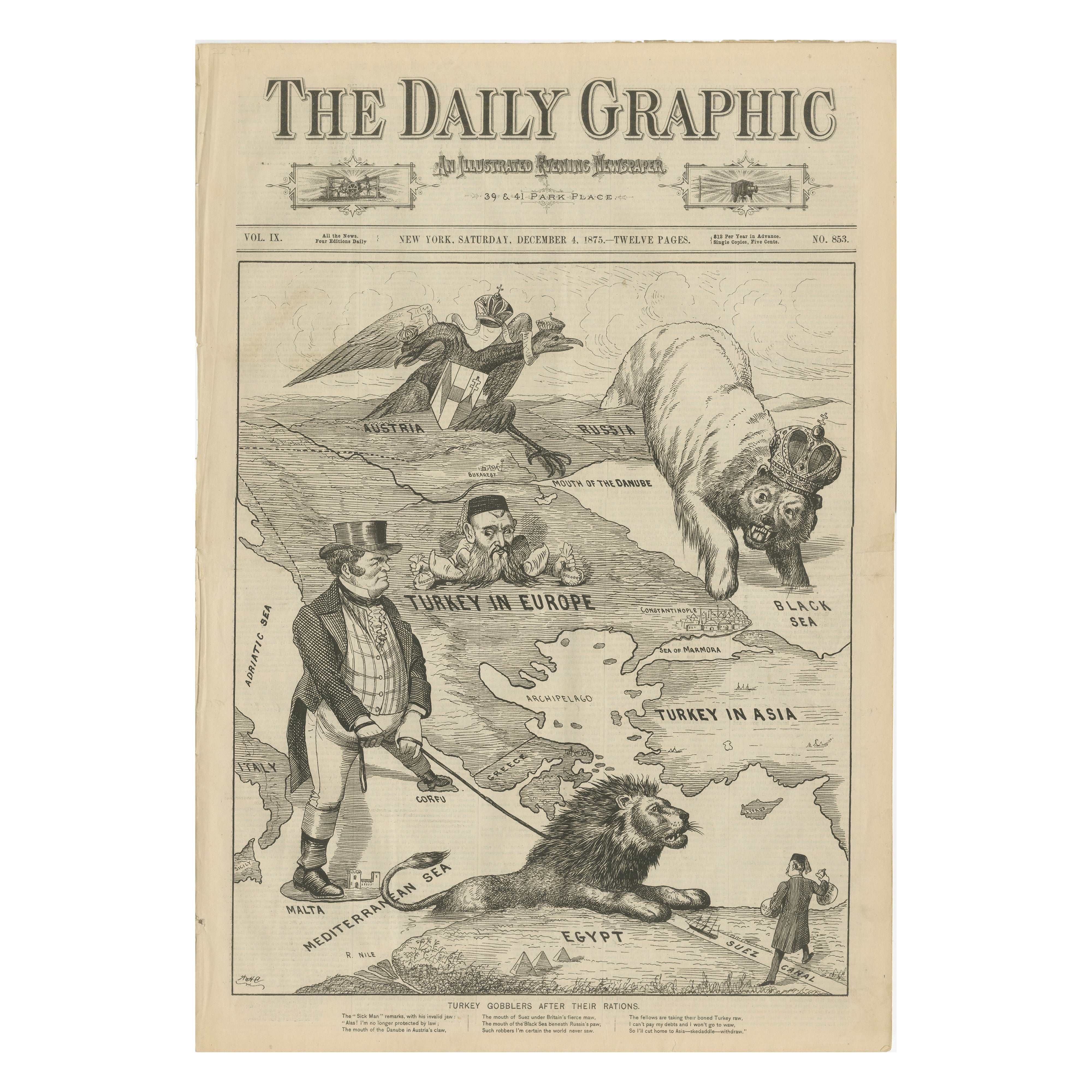 1875 Daily Graphic Newspaper, Eastern Question Cartoon Map, Complete 12 Pages en vente