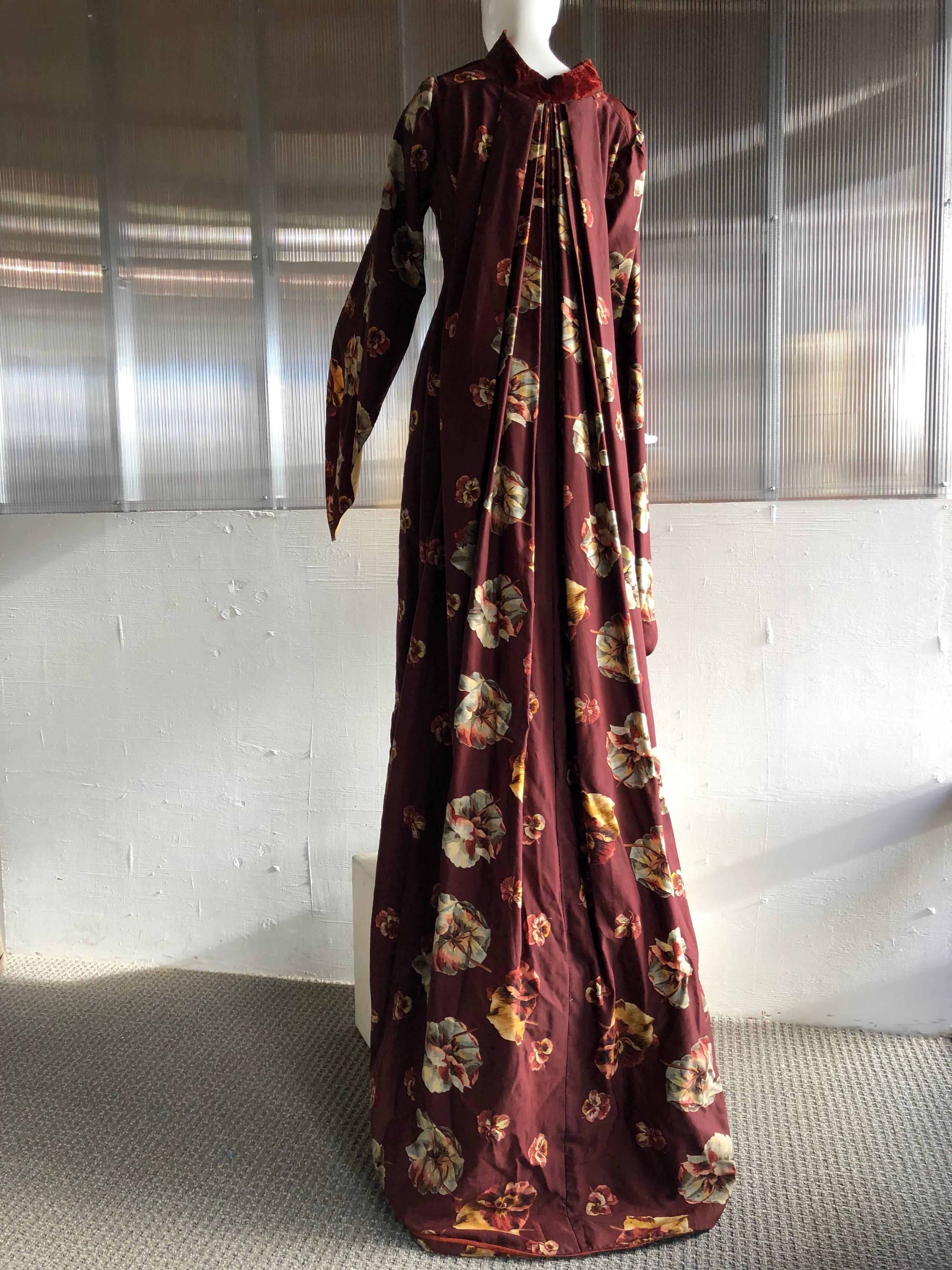 Brown 1875 Dramatic Sleeve & Watteau Back Robe Déshabillé In Victorian Floral Print For Sale