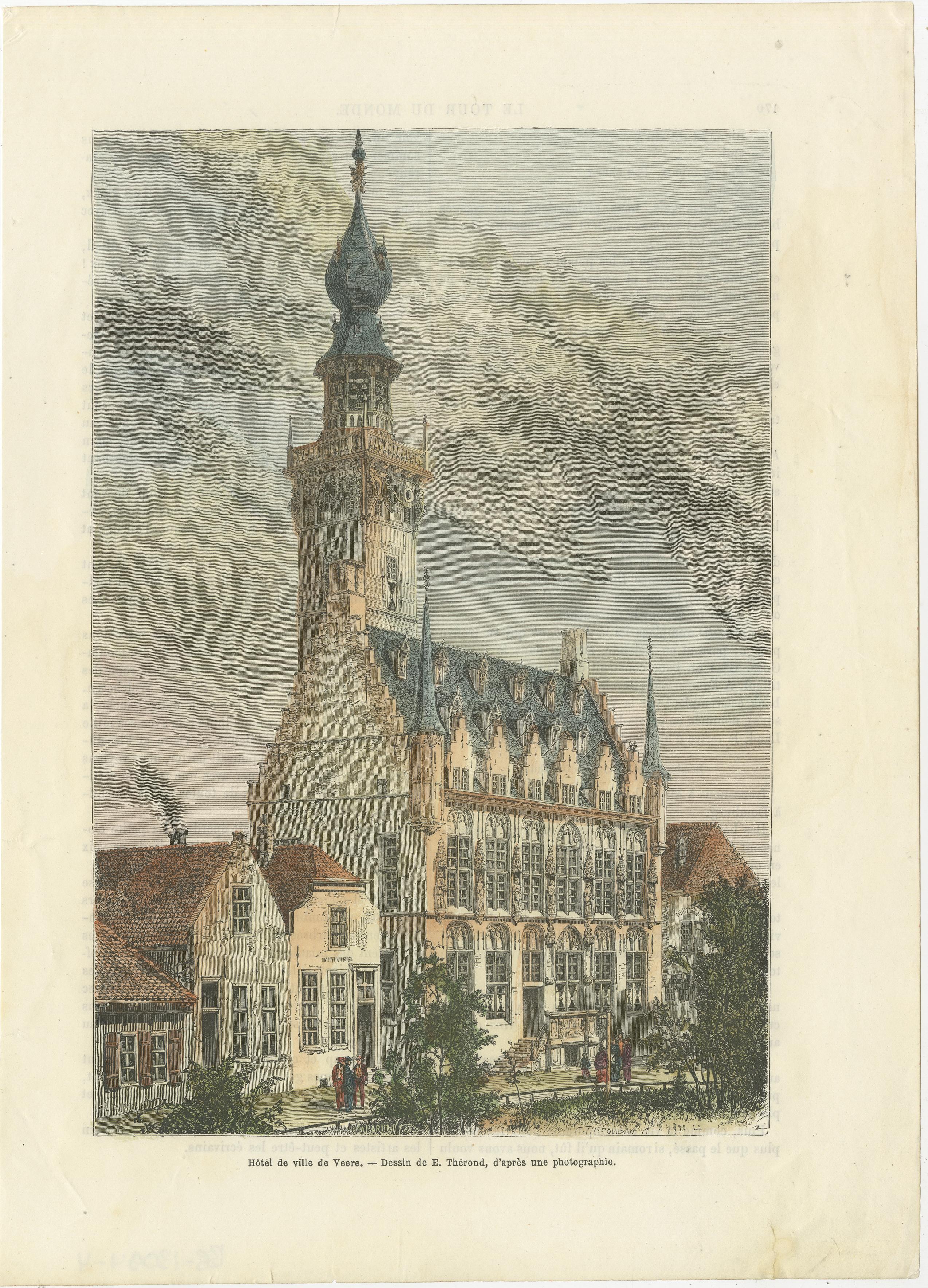 This is an 1875 wood engraving of the *Stadhuis te Veere* (City Hall of Veere), published in *De Aarde en haar Volken* by Uitgeverij Kruseman & Tjeenk Willink, Haarlem. The illustration was created by E. Thérond, based on a photograph, and it