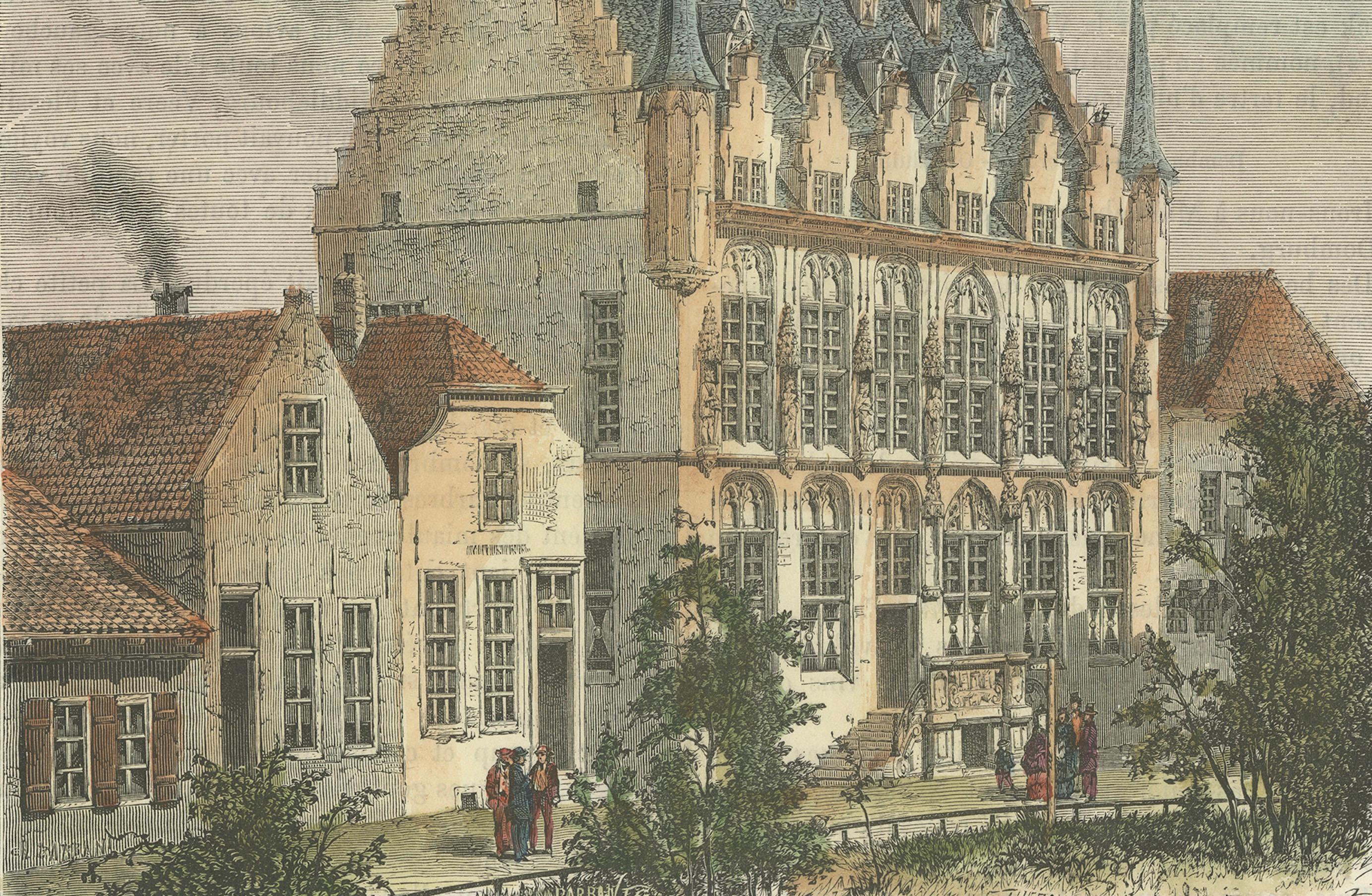Engraved 1875 Engraving of the Historic City Hall in Veere in Zeeland by E. Thérond For Sale