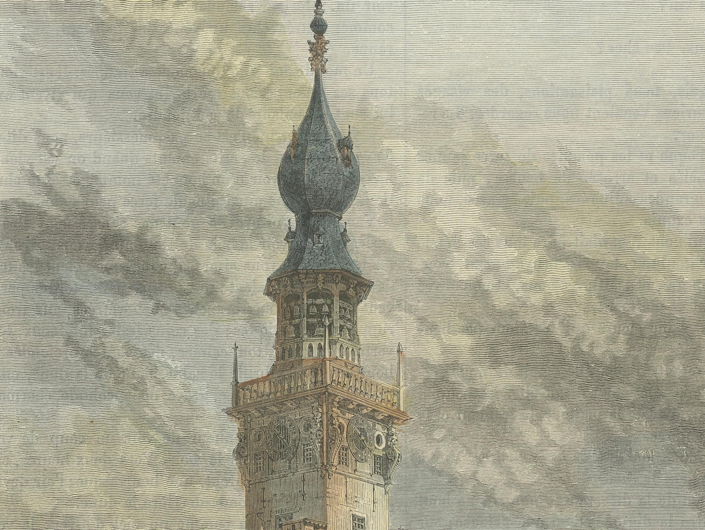 1875 Engraving of the Historic City Hall in Veere in Zeeland by E. Thérond In Good Condition For Sale In Langweer, NL