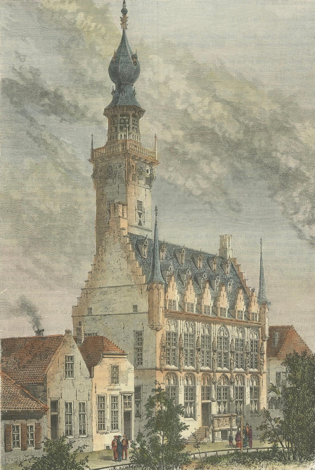 Late 19th Century 1875 Engraving of the Historic City Hall in Veere in Zeeland by E. Thérond For Sale