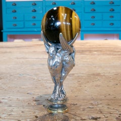 1875 French Silver Stamp Figure Sculpture w/ Three Pelicans and a Tiger Eye Ball