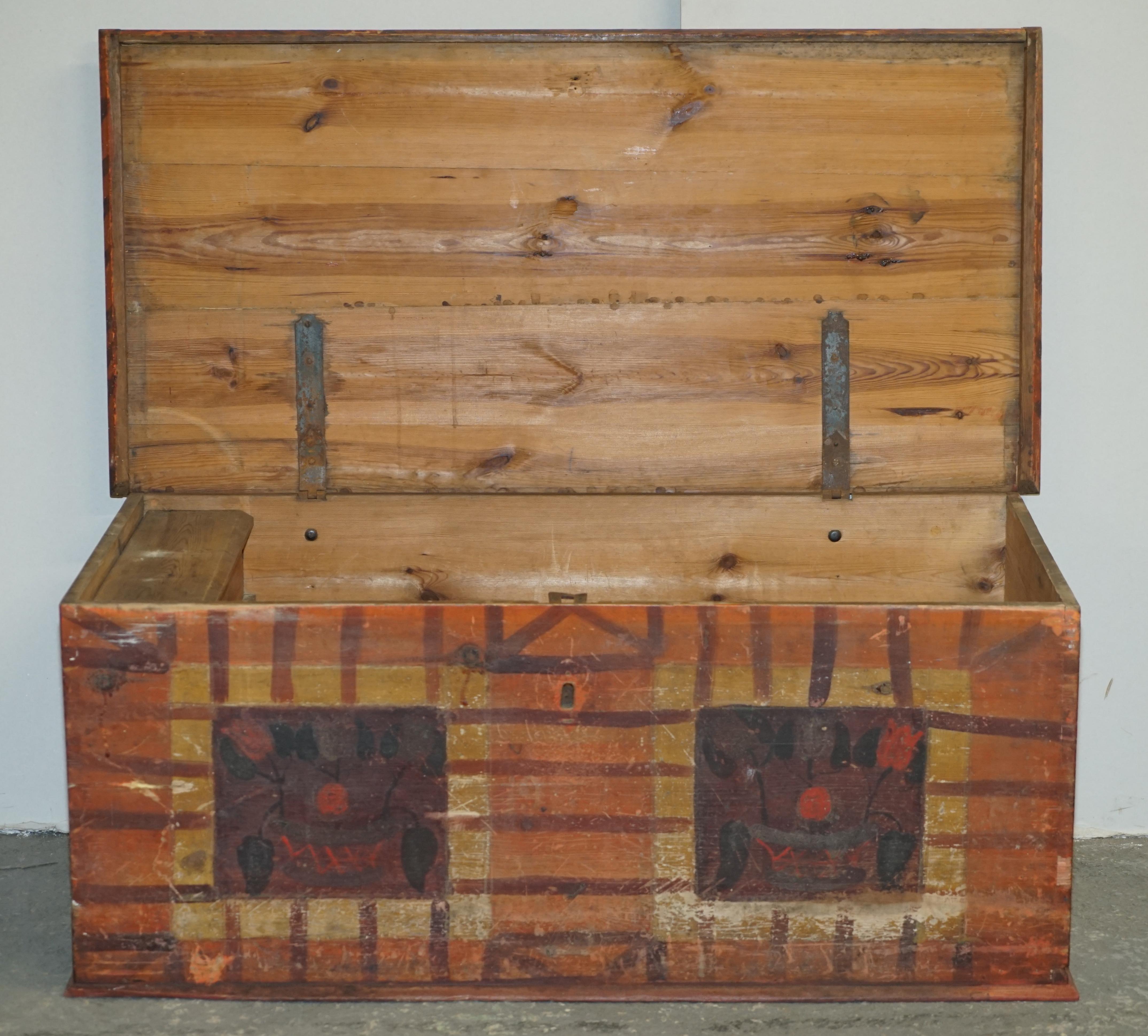 1875 Large Antique Original Paint Hungarian Blanket Chest Coffer Trunk For Sale 7