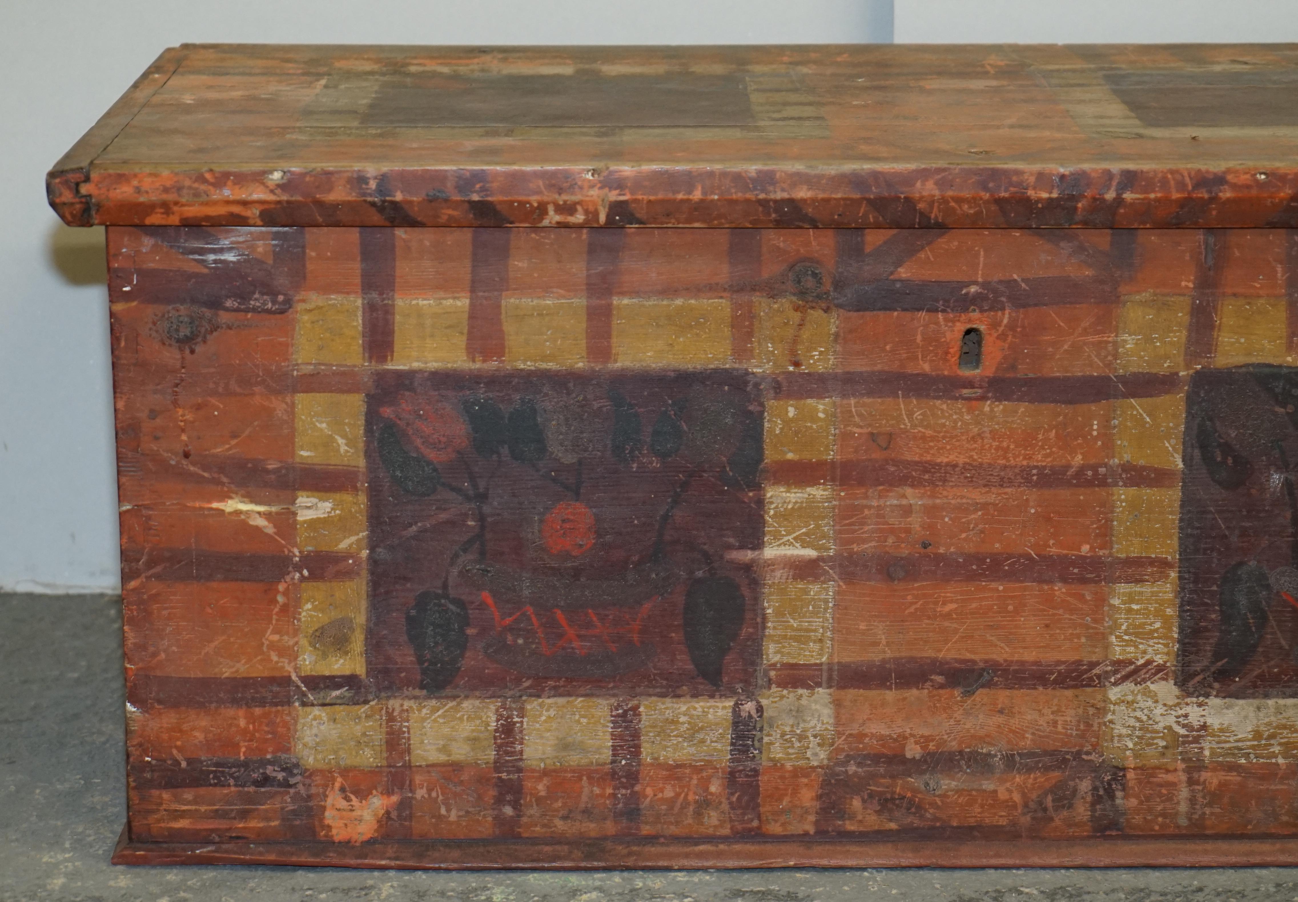 High Victorian 1875 Large Antique Original Paint Hungarian Blanket Chest Coffer Trunk For Sale