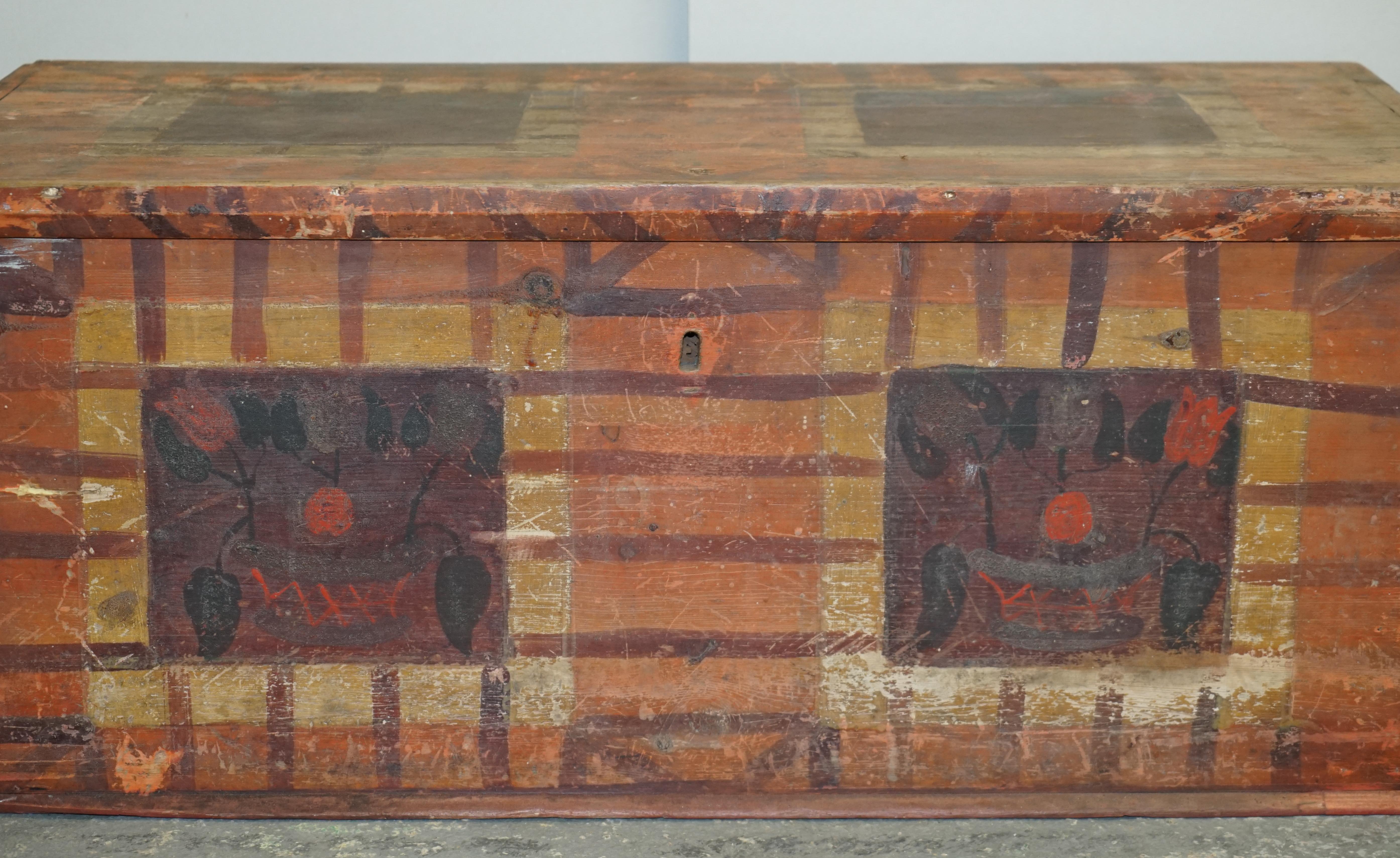 Hand-Painted 1875 Large Antique Original Paint Hungarian Blanket Chest Coffer Trunk For Sale