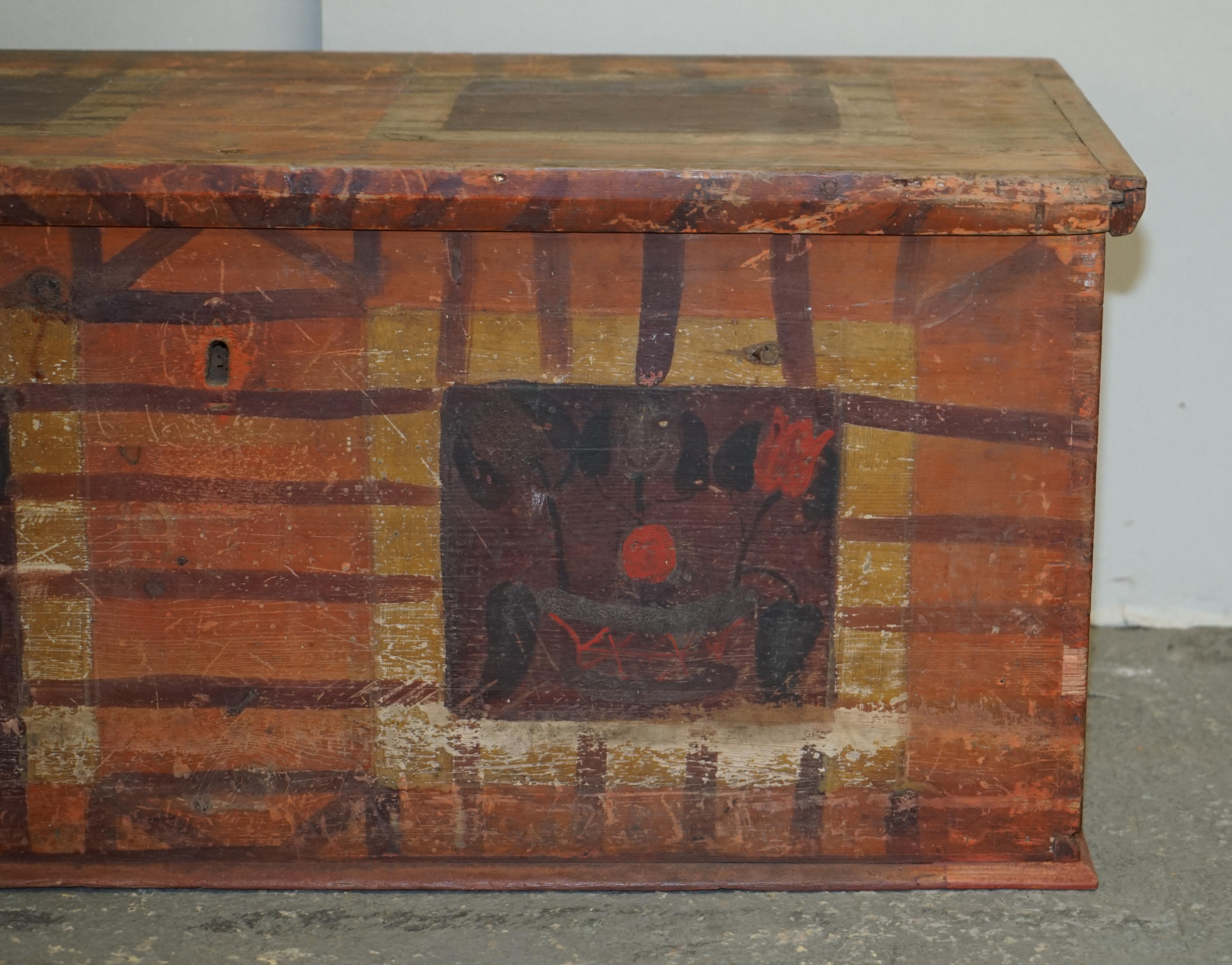 Late 19th Century 1875 Large Antique Original Paint Hungarian Blanket Chest Coffer Trunk For Sale