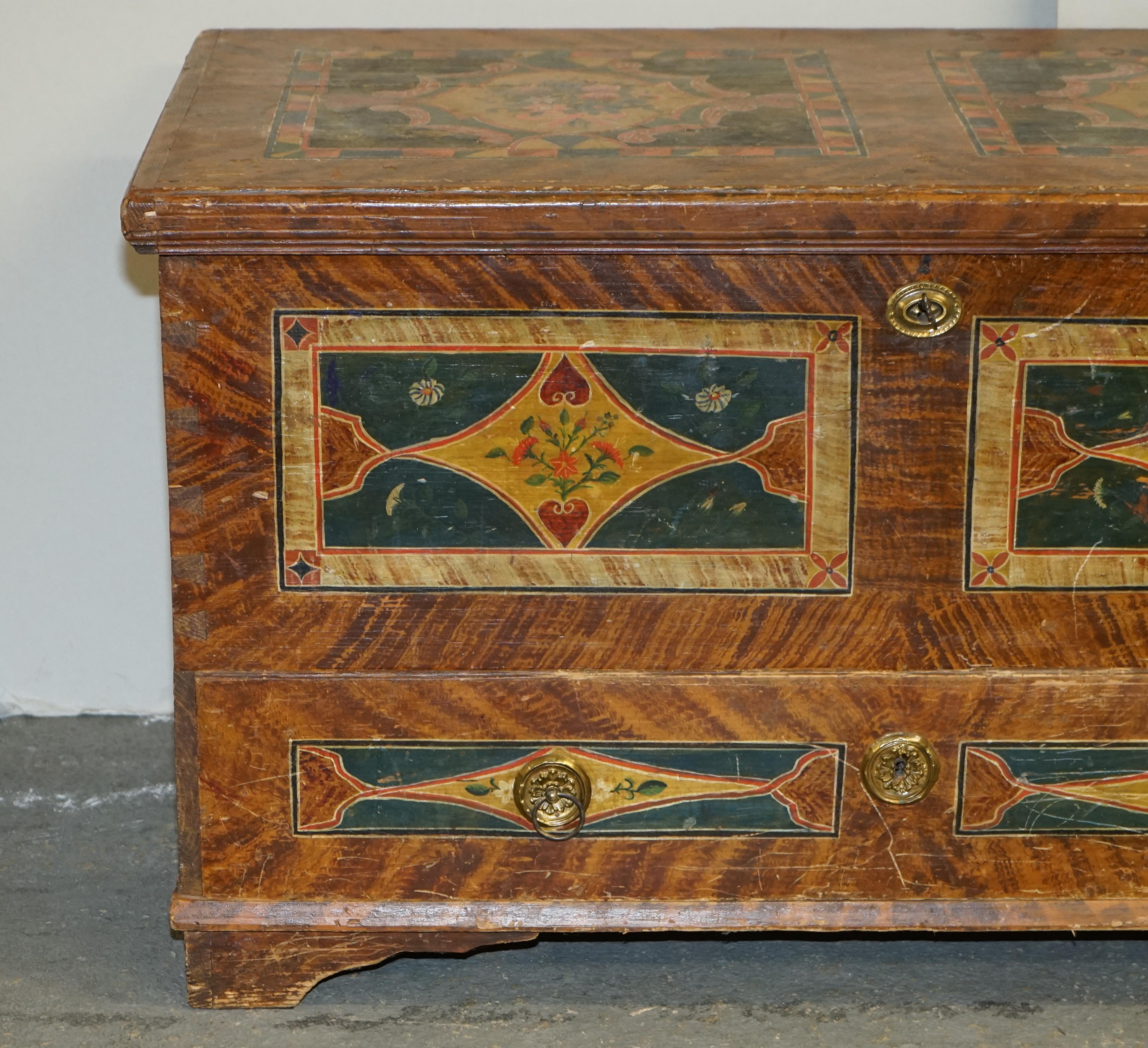 High Victorian 1875 Large Antique Original Paint Romanian Blanket Chest Coffer Trunk + Drawer For Sale