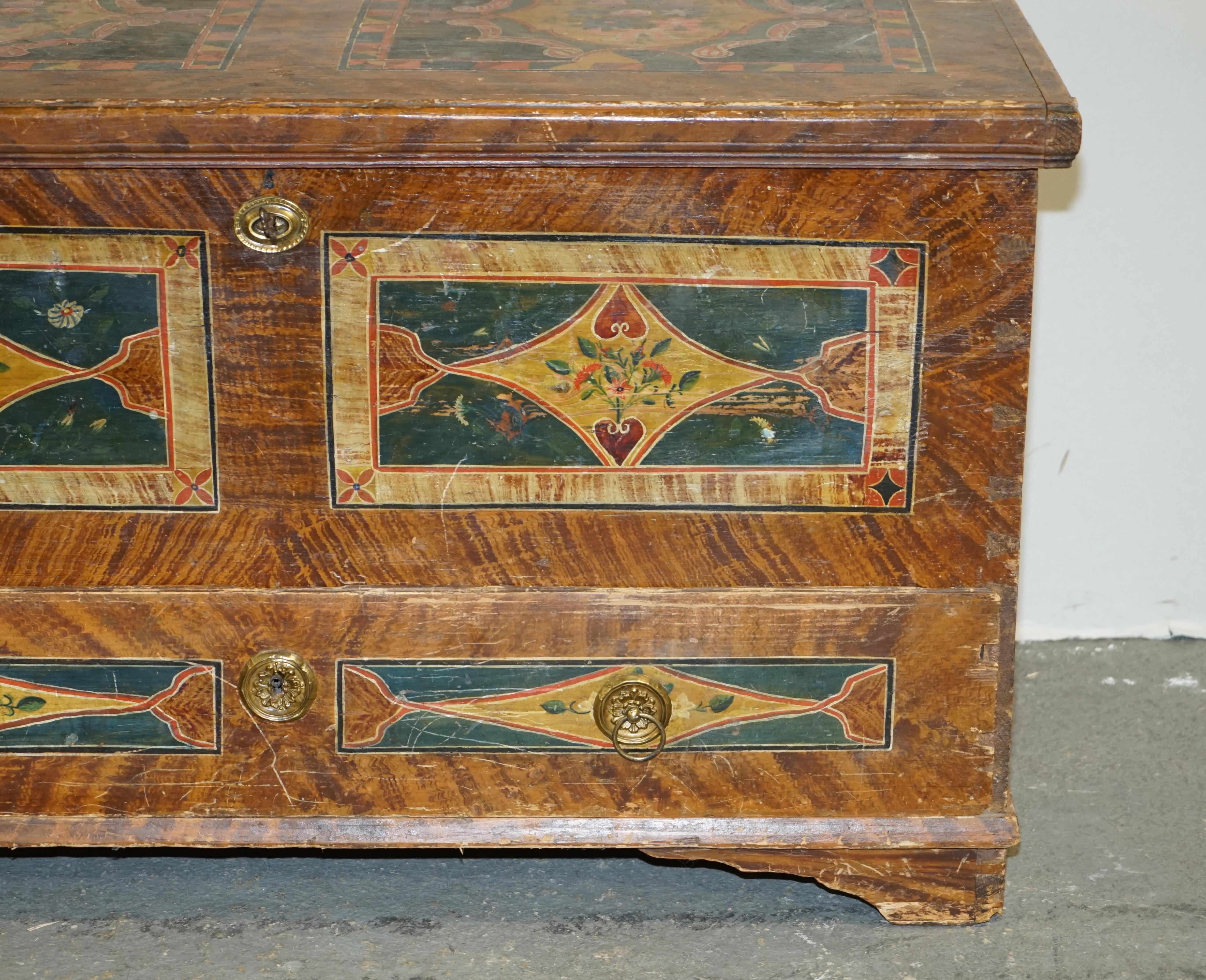 Hand-Painted 1875 Large Antique Original Paint Romanian Blanket Chest Coffer Trunk + Drawer For Sale
