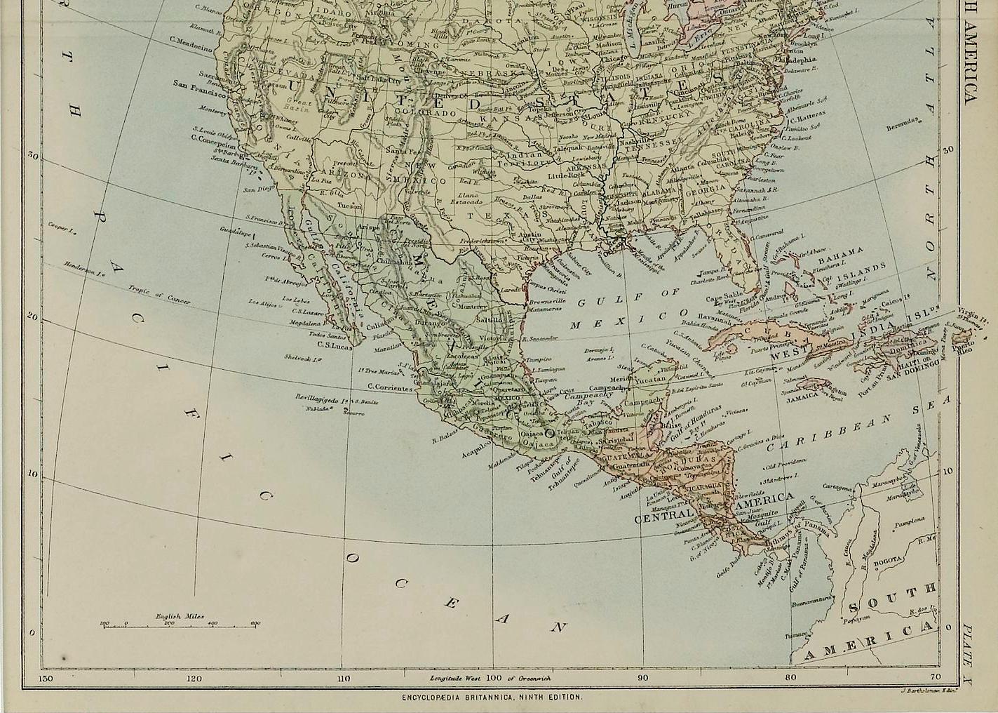 Presented is an original 1875 map of “North America.” The map was issued in Volume 1 of the Ninth Edition of the Encyclopædia Britannica, published in Edinburgh. The map was drawn by famous Scottish mapmaker John Bartholomew. The map depicts North