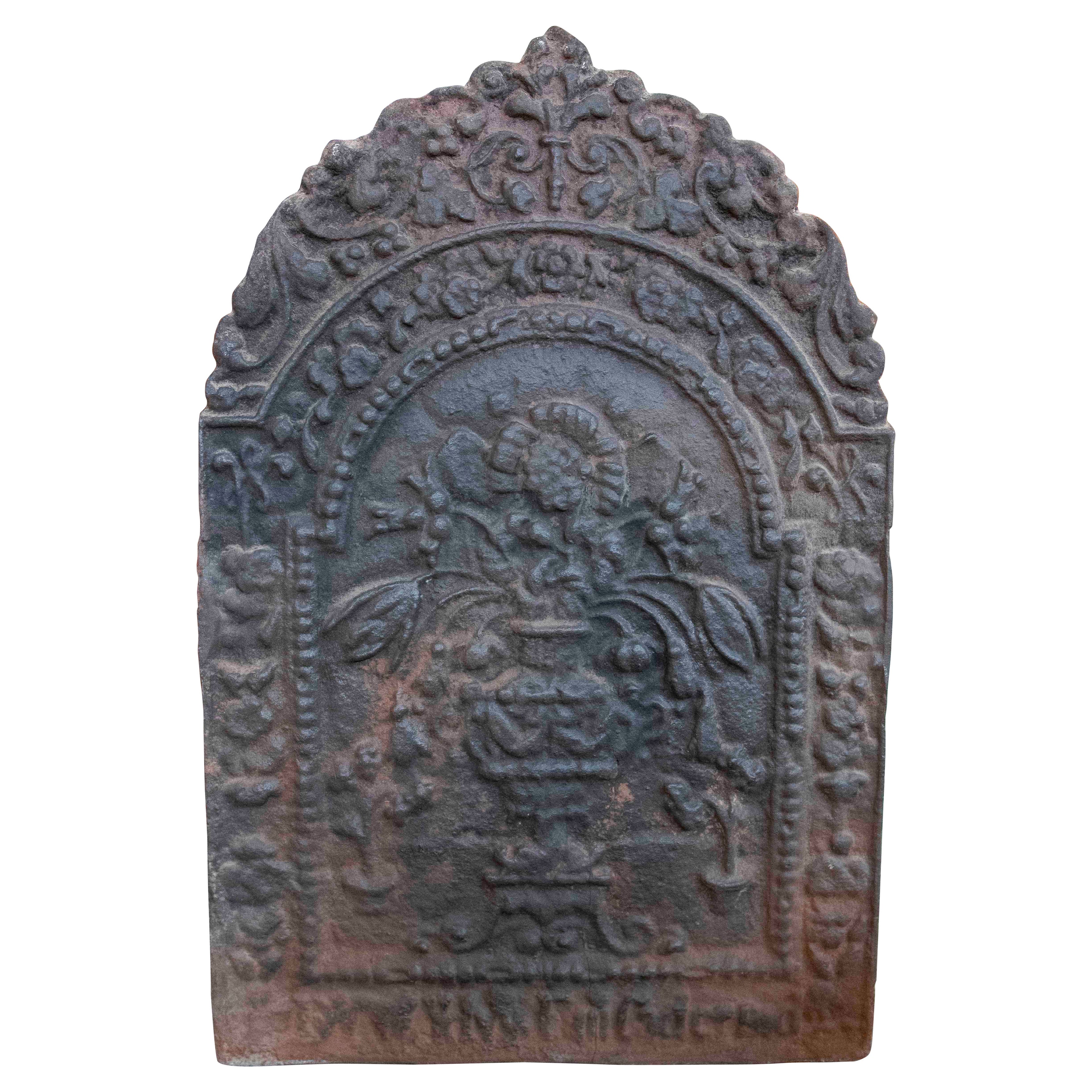 1875s Antique Cast Iron Fireplace Plaque with Decorative Floral Relief