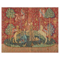 1875s Antique Red Tapestry Scene Pictorial Medieval Romance European Flat Weave