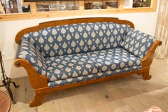 1875s Classic Wooden Sofa Upholstered in Blue with Floral Motifs