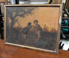 1875s European School Oil on Canvas Depicting Children Beside a Wall