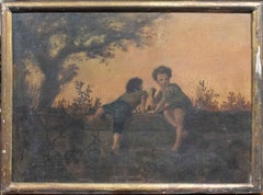 1875s European School Oil on Canvas Depicting Children Beside a Wall