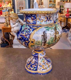 1875s Large Italian Polychrome Mmajolica Vase with Cherubs, Signed Gi. Battoji