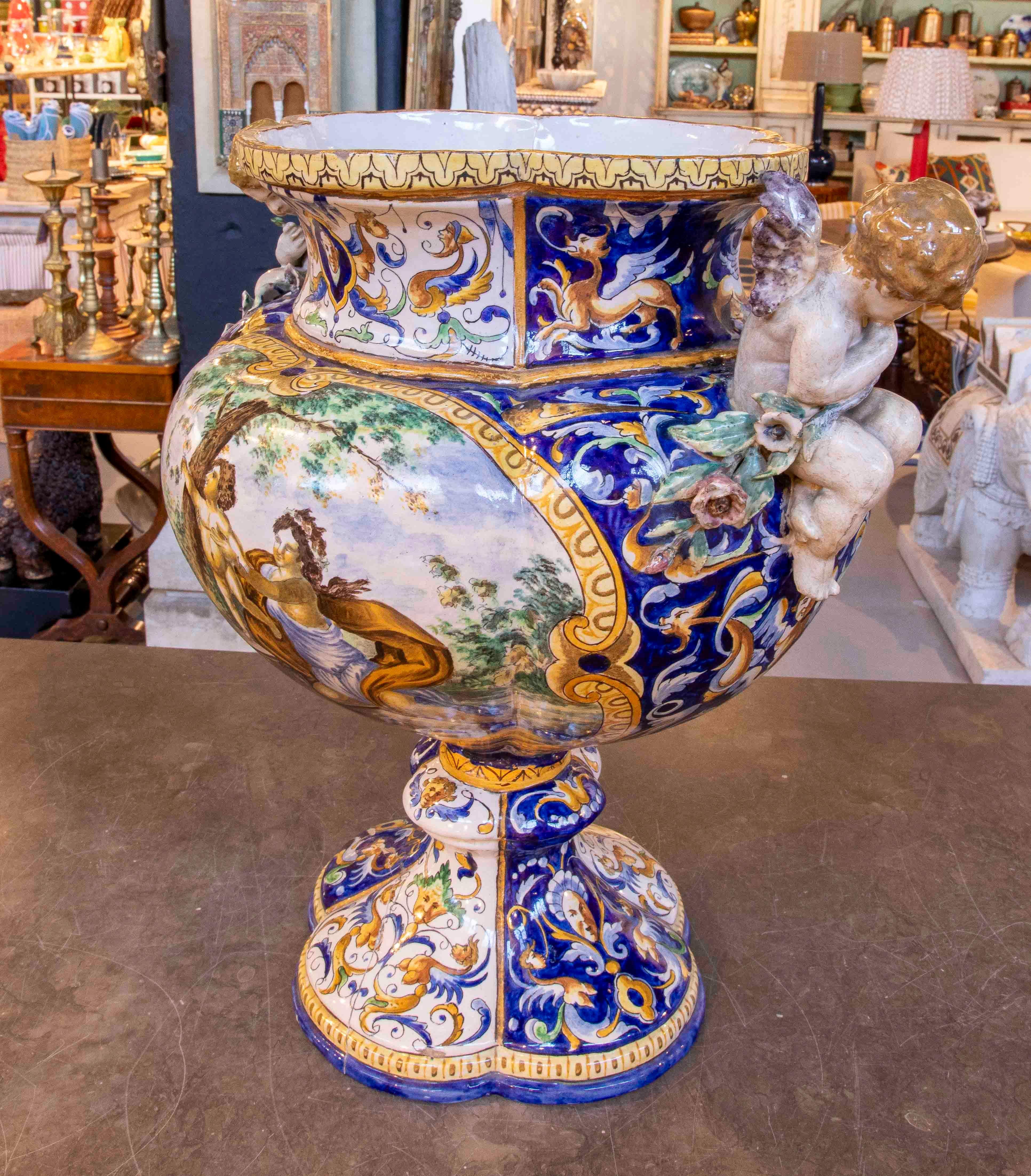Glazed 1875s Large Italian Polychrome Mmajolica Vase with Cherubs, Signed Gi. Battoji For Sale