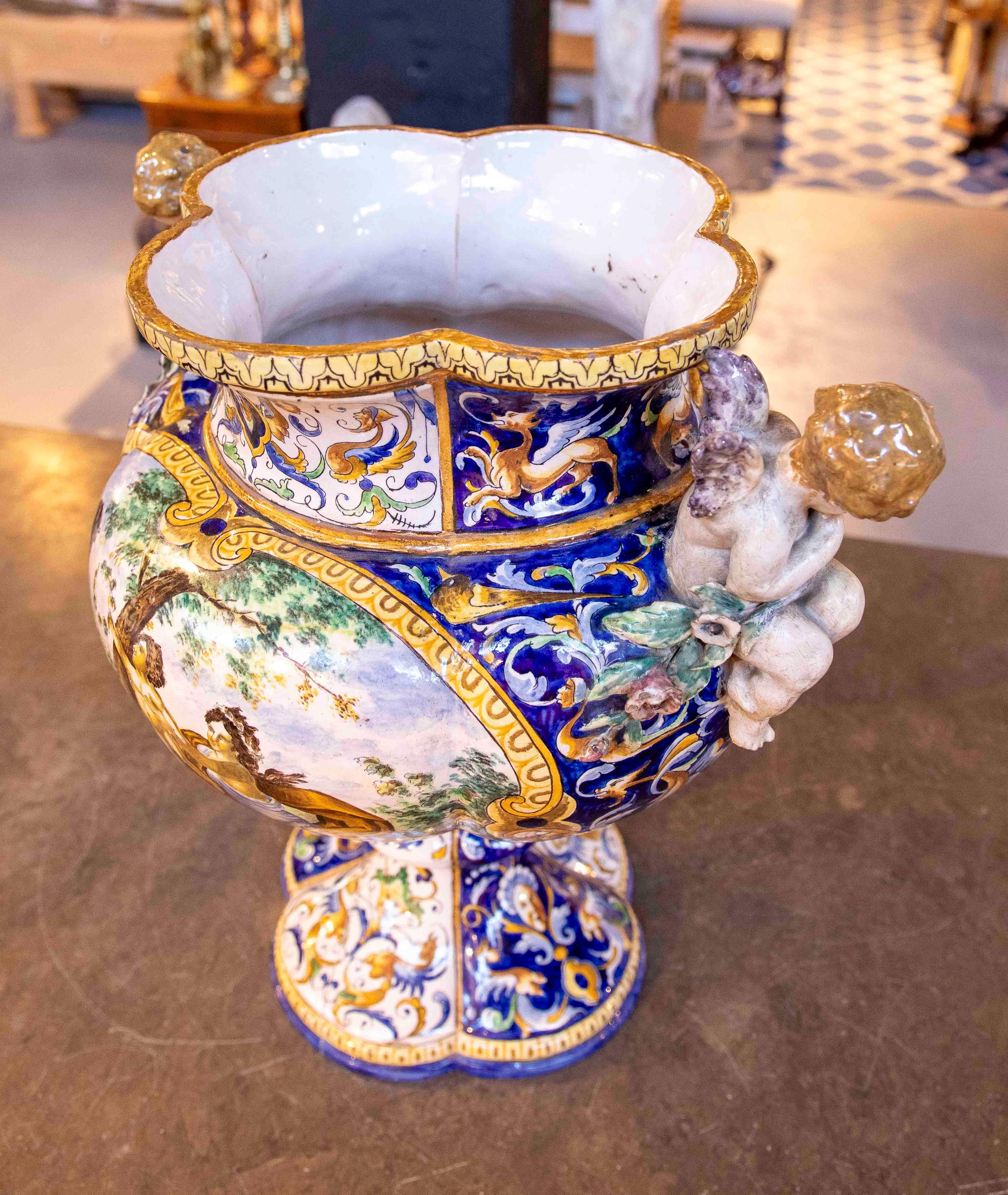 Ceramic 1875s Large Italian Polychrome Mmajolica Vase with Cherubs, Signed Gi. Battoji For Sale
