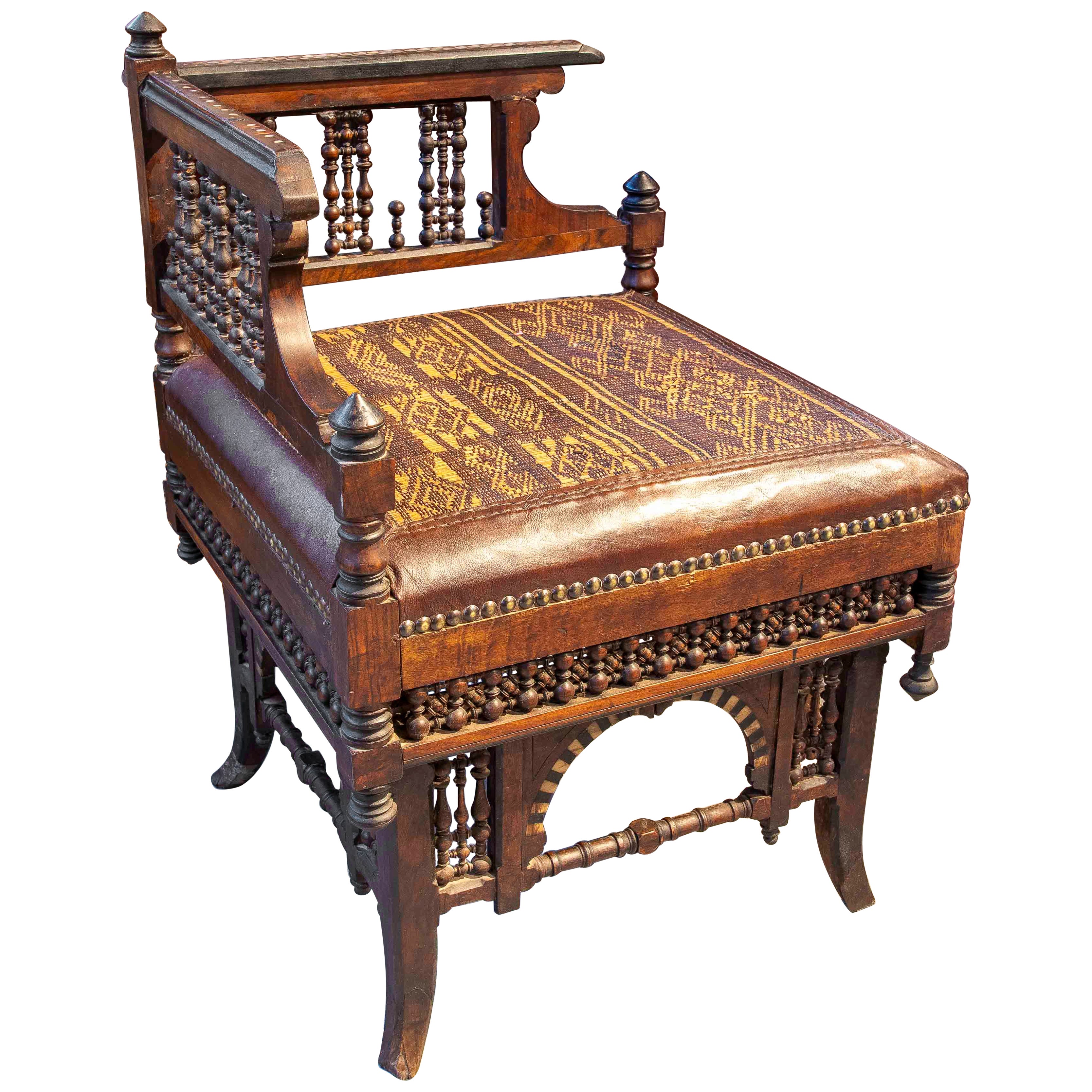 1875s Moorish Walnut Armchair with Marquetry and a Seat of Leather and Fabric For Sale