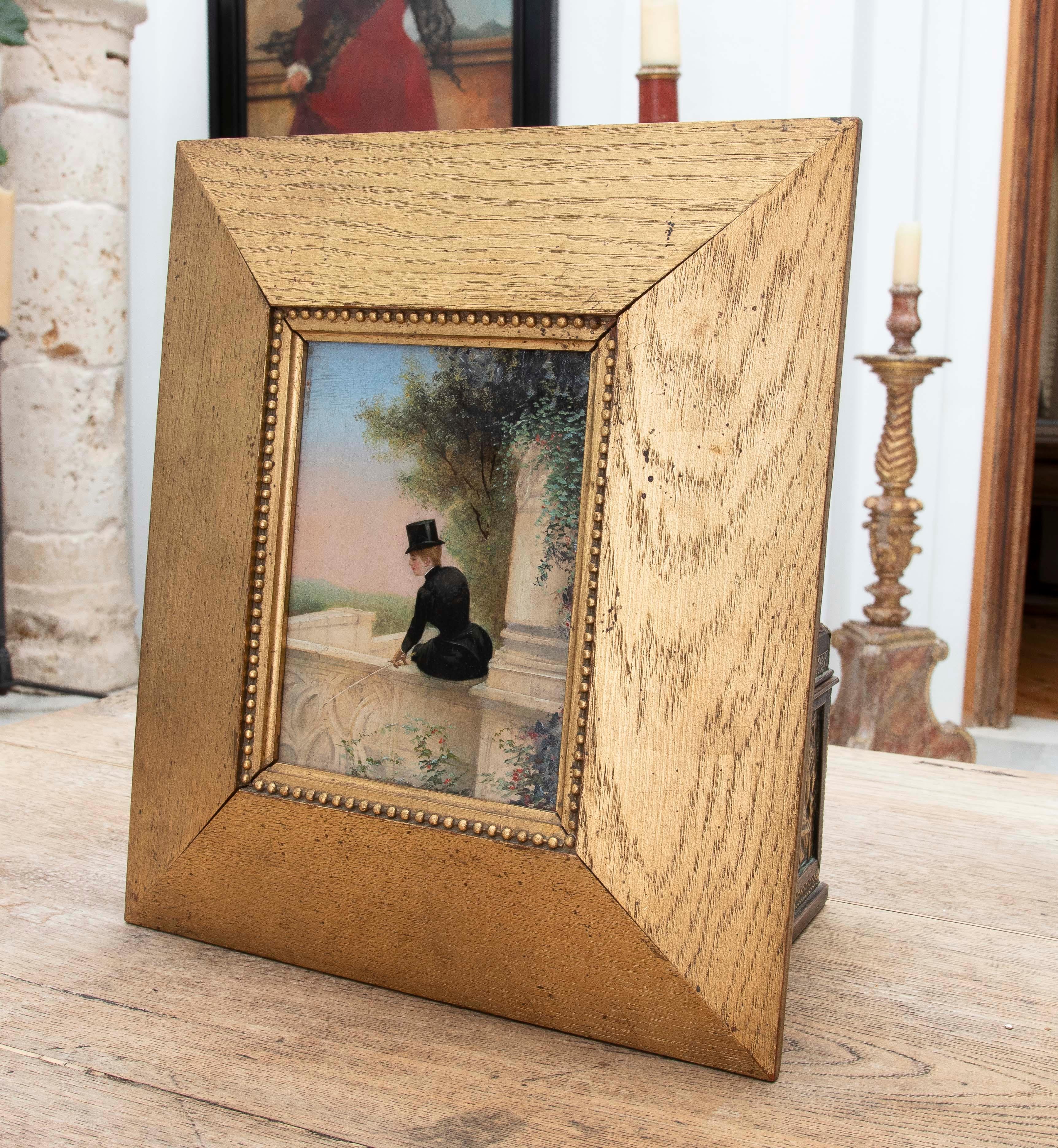 French 1875s Painted on Board Decorative Picture of Woman with Hat. Framed, France. For Sale