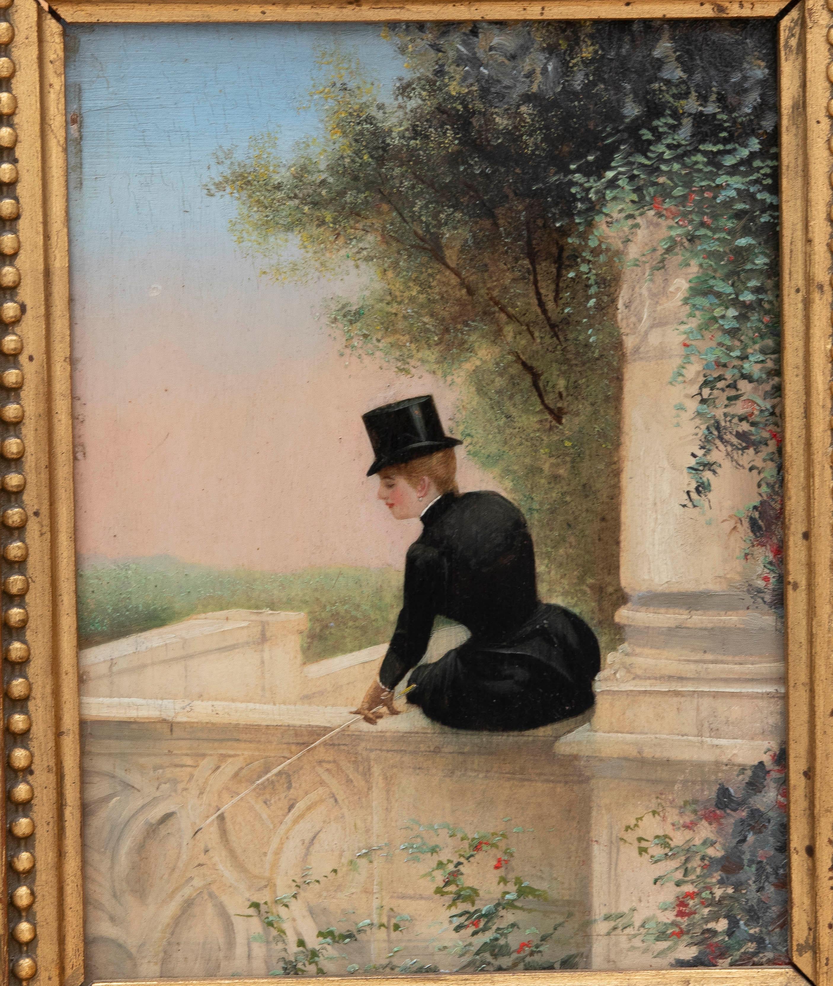 Hand-Painted 1875s Painted on Board Decorative Picture of Woman with Hat. Framed, France. For Sale