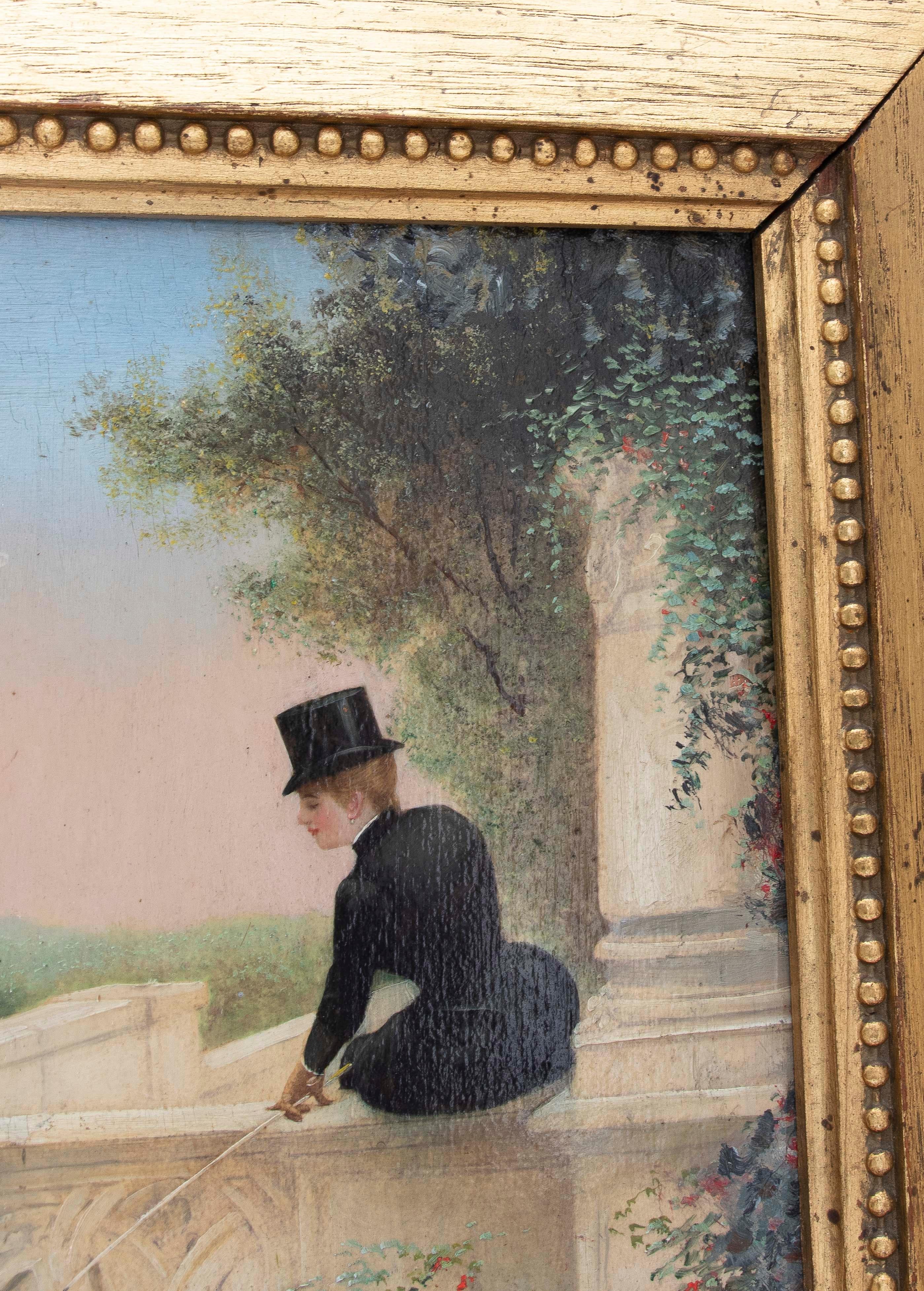 1875s Painted on Board Decorative Picture of Woman with Hat. Framed, France. In Good Condition For Sale In Marbella, ES