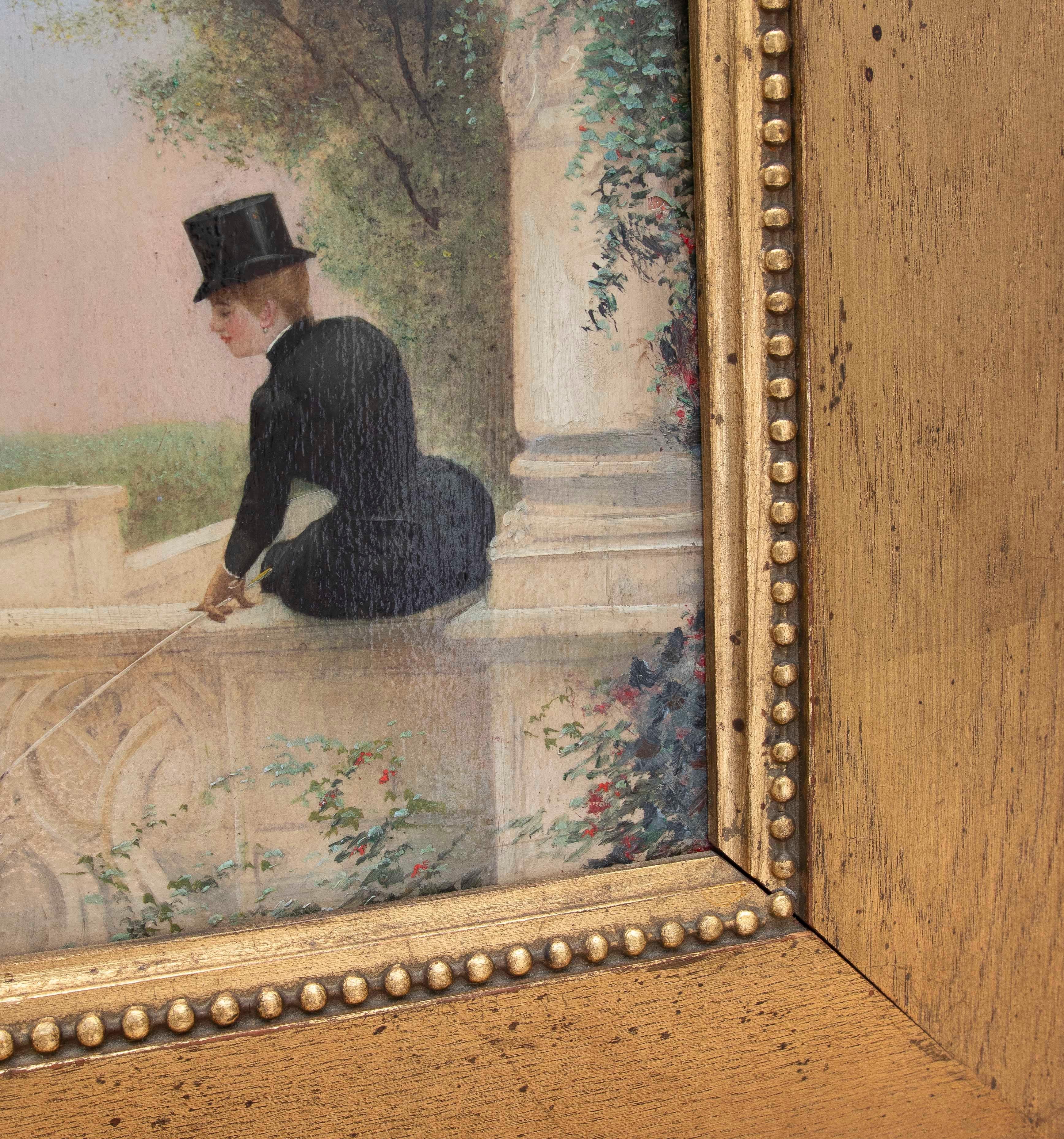 20th Century 1875s Painted on Board Decorative Picture of Woman with Hat. Framed, France. For Sale