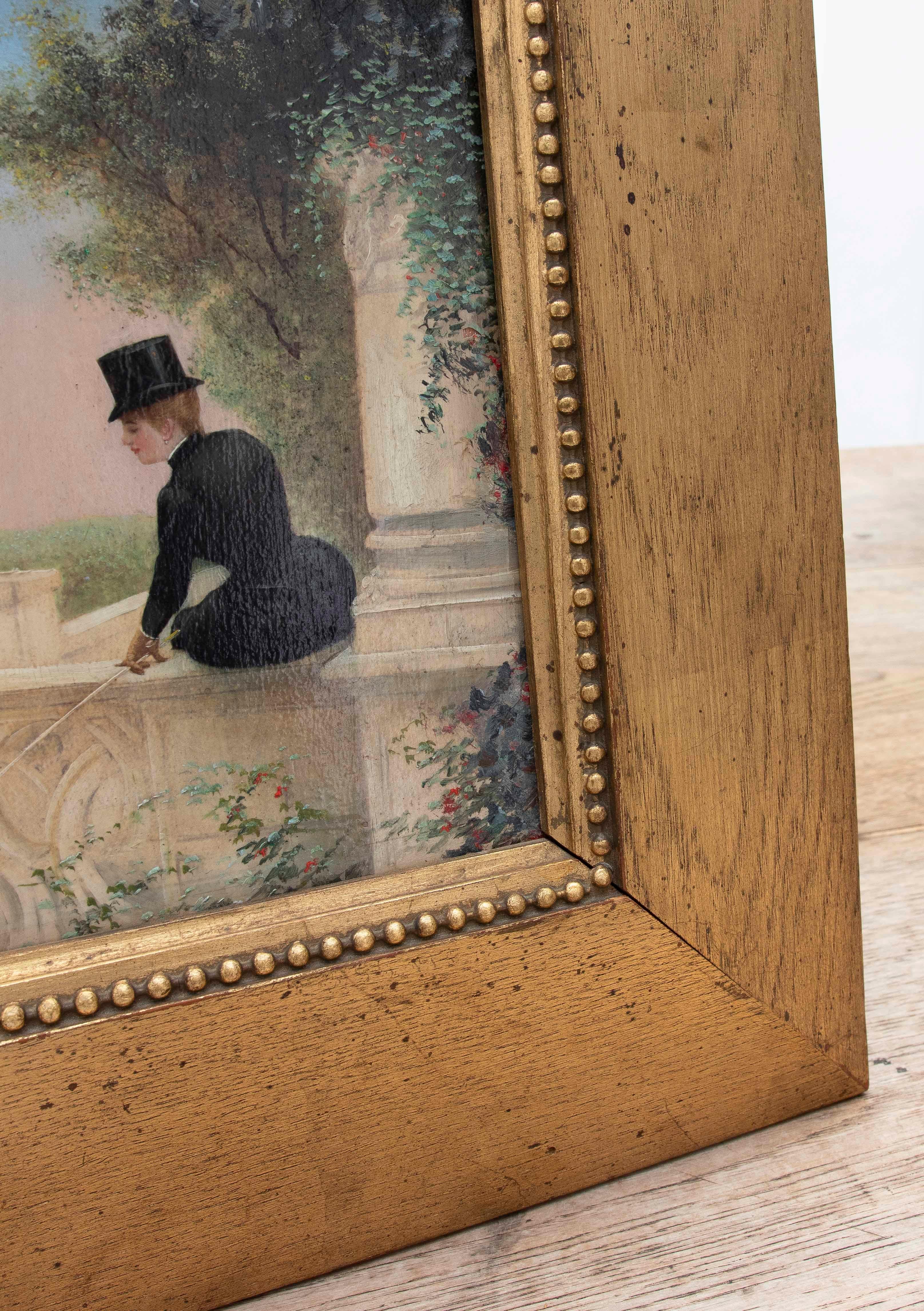 1875s Painted on Board Decorative Picture of Woman with Hat. Framed, France. For Sale 2