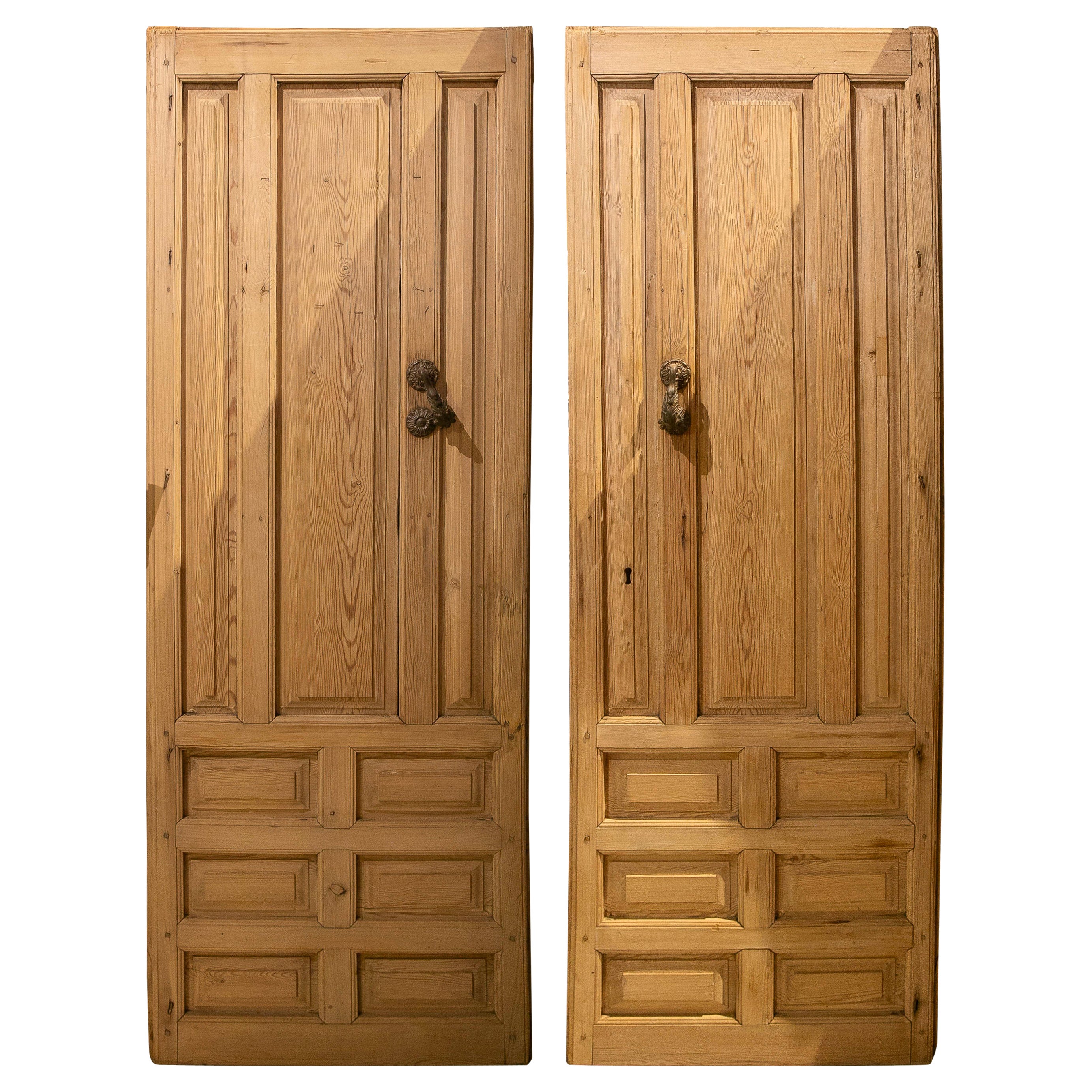 1875s Pair of Antique Wooden Doors with Carved Panels and Iron Knocker For Sale