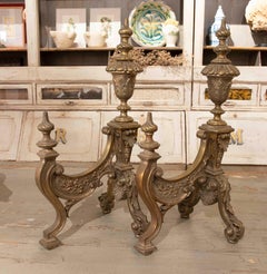 1875s Pair of French Bronze Fireplace Mozzles with Ornamental Design