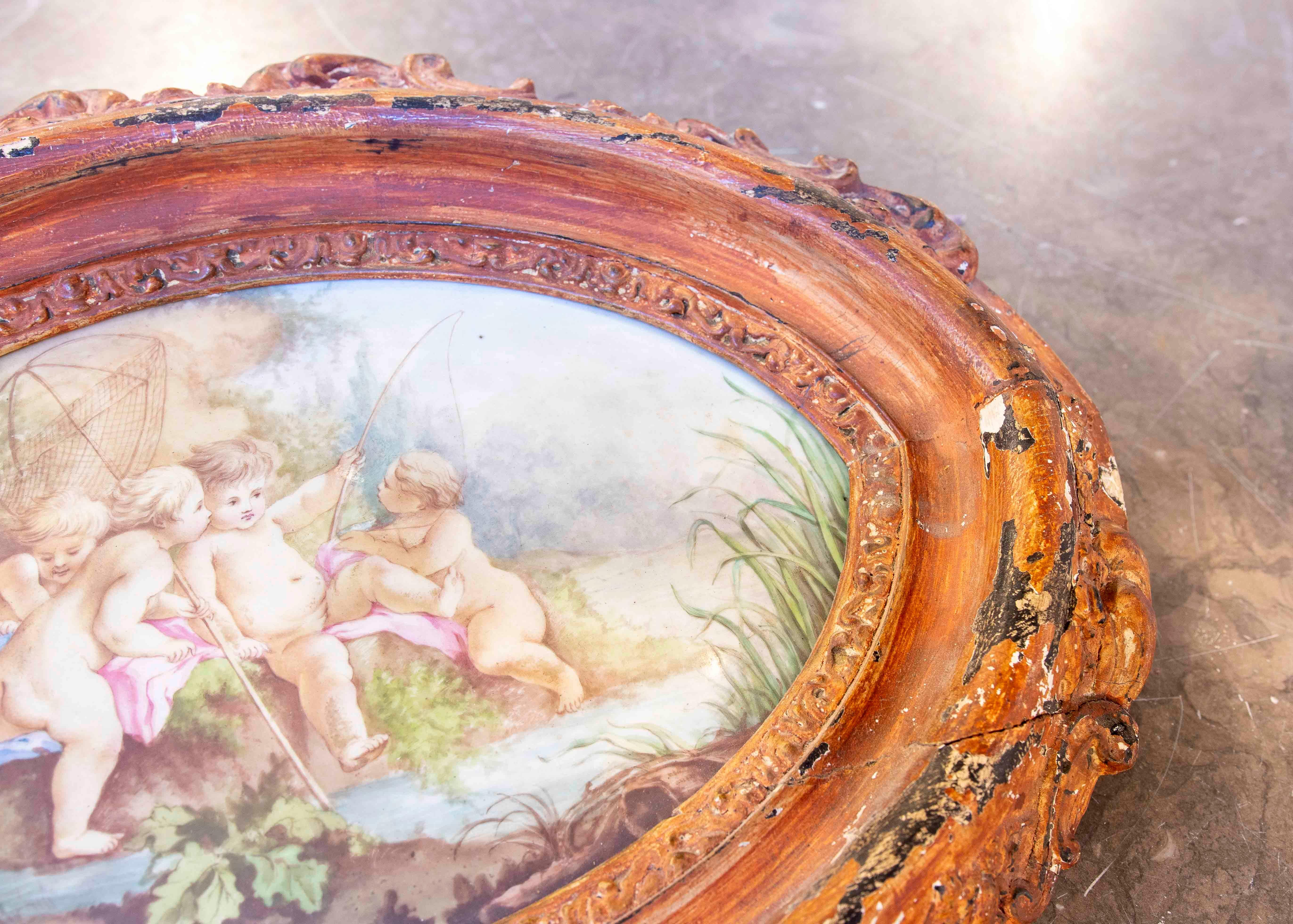 Scène pastorale de 1875 par A Gérard Derickweiler sur porcelaine de Sèvres dans un cadre ovale en vente 1