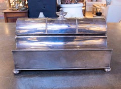 1875s Silver-plated Brass Desk Inkwell with Crystallized Ink and Engraved Detail
