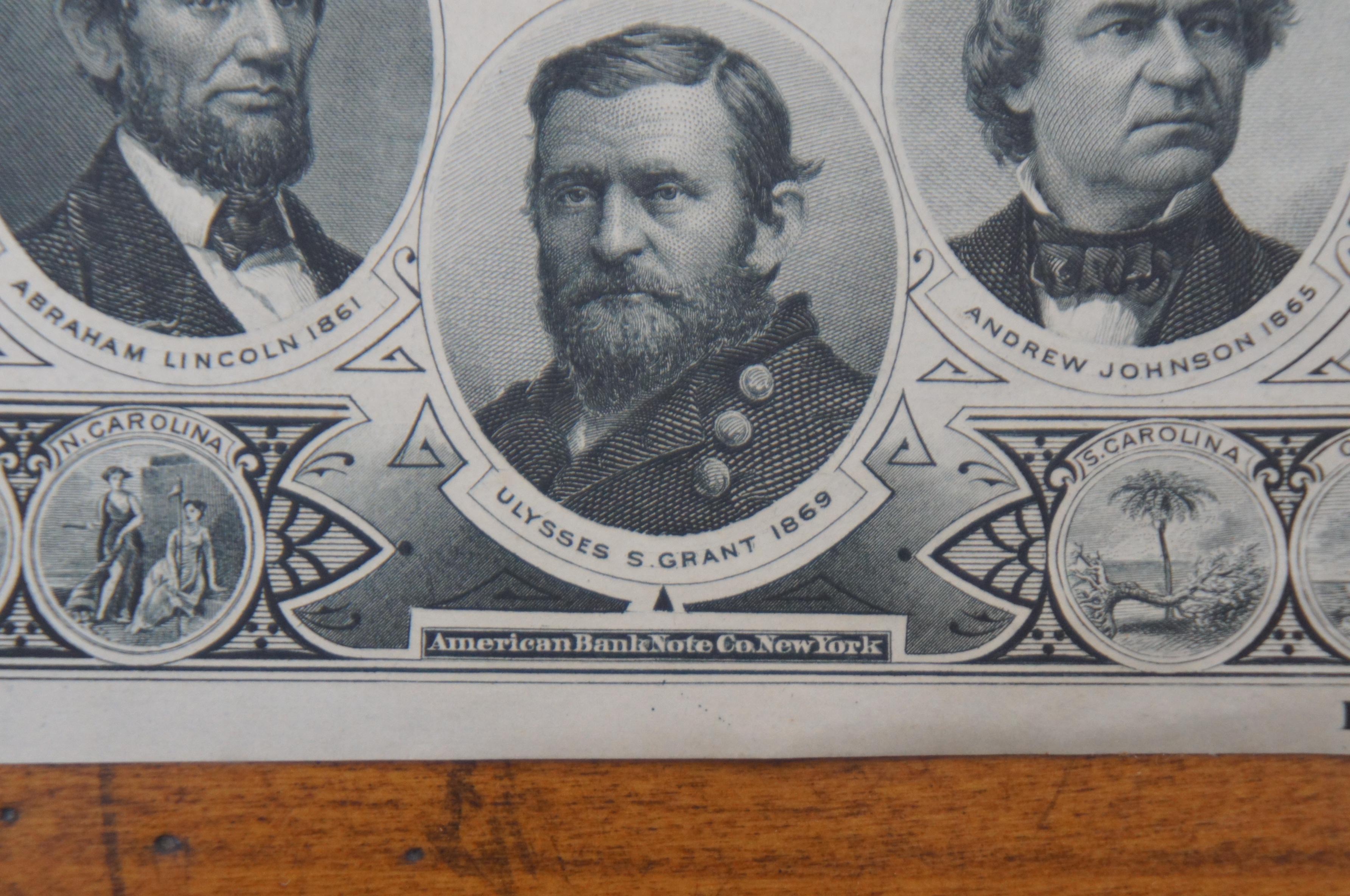 1876 Antique American Centennial Bank Note Engraving 18 Presidents 36 States 5