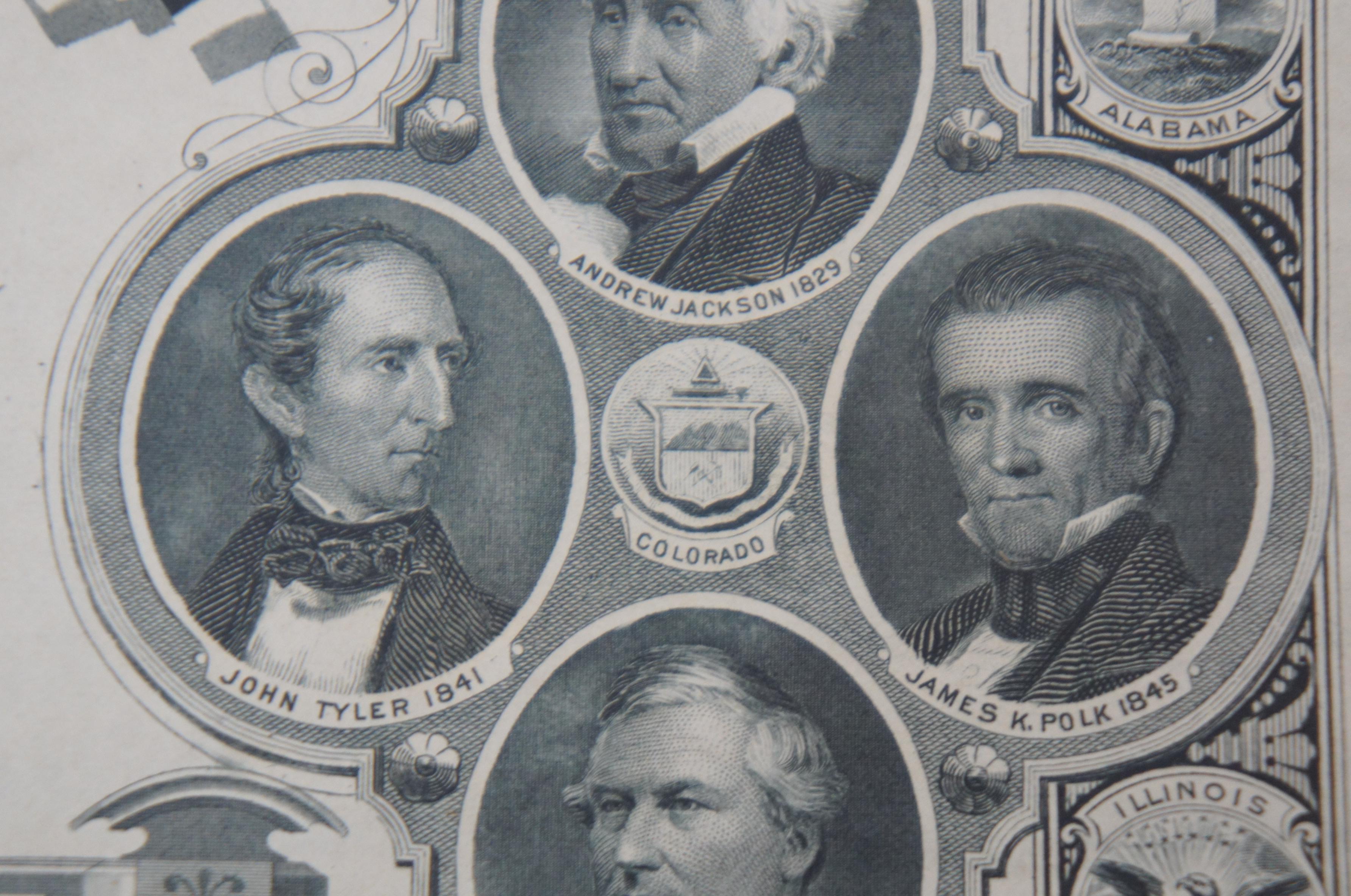 1876 Antique American Centennial Bank Note Engraving 18 Presidents 36 States 6