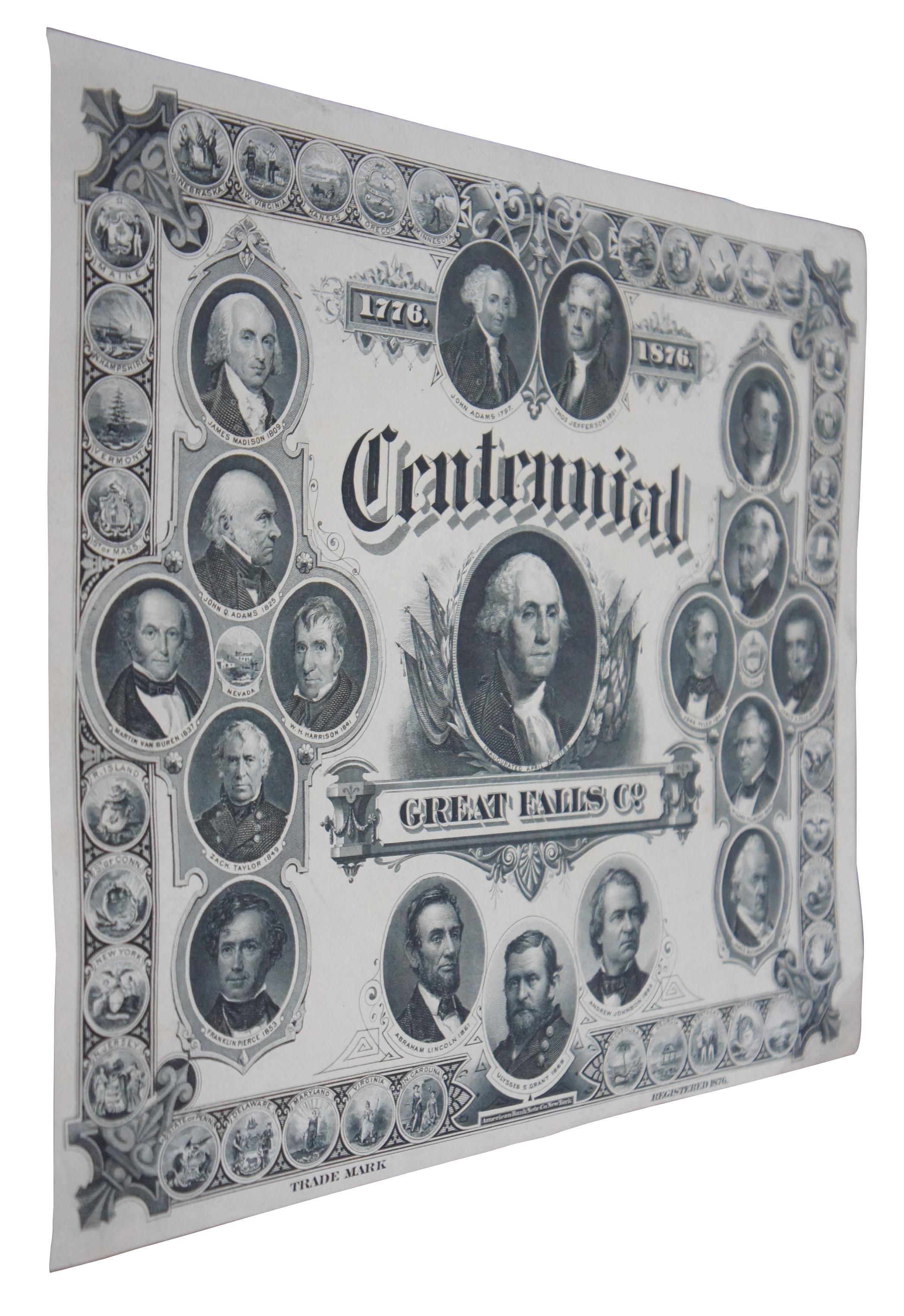 American Classical 1876 Antique American Centennial Bank Note Engraving 18 Presidents 36 States