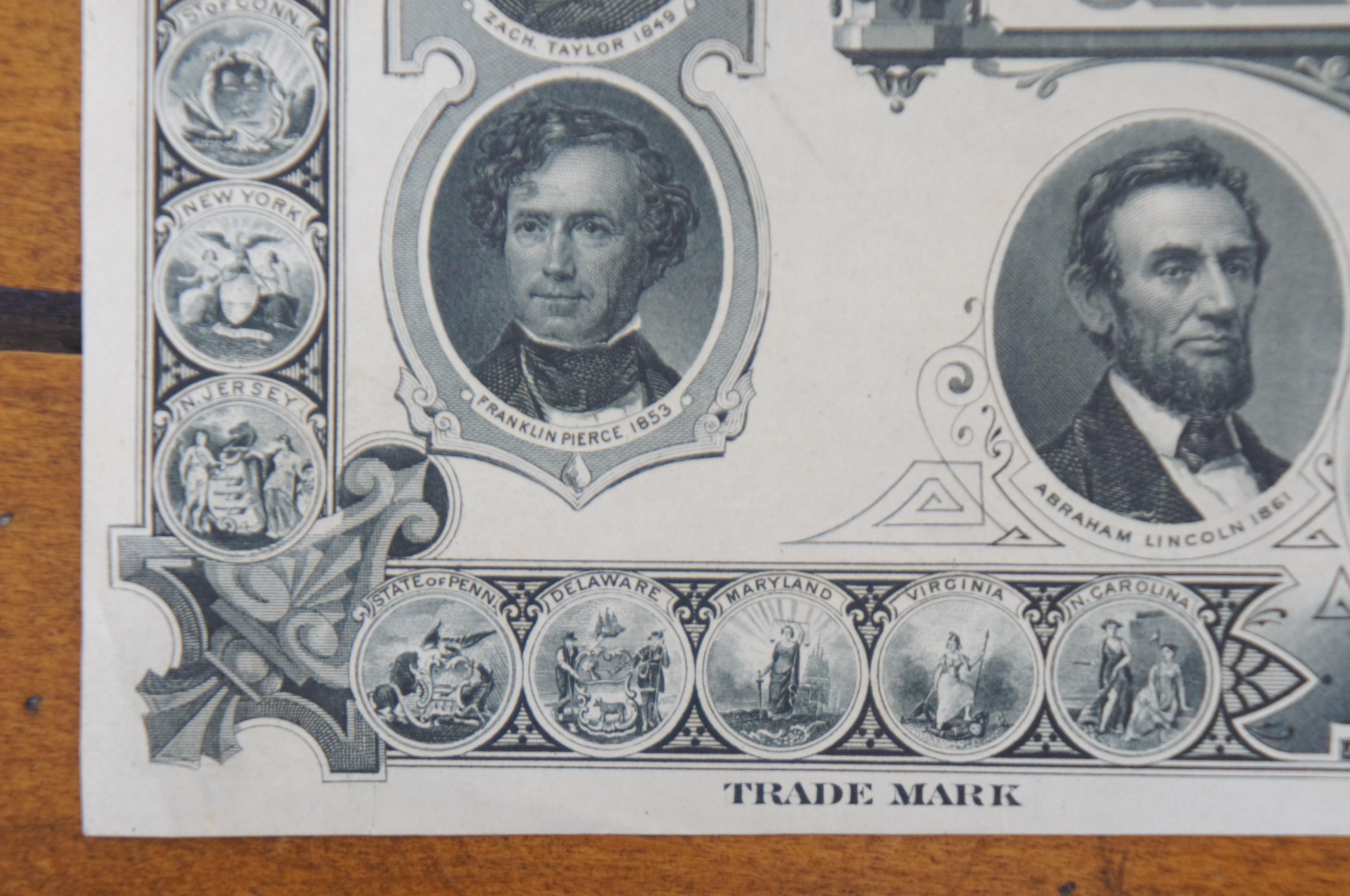 Late 19th Century 1876 Antique American Centennial Bank Note Engraving 18 Presidents 36 States