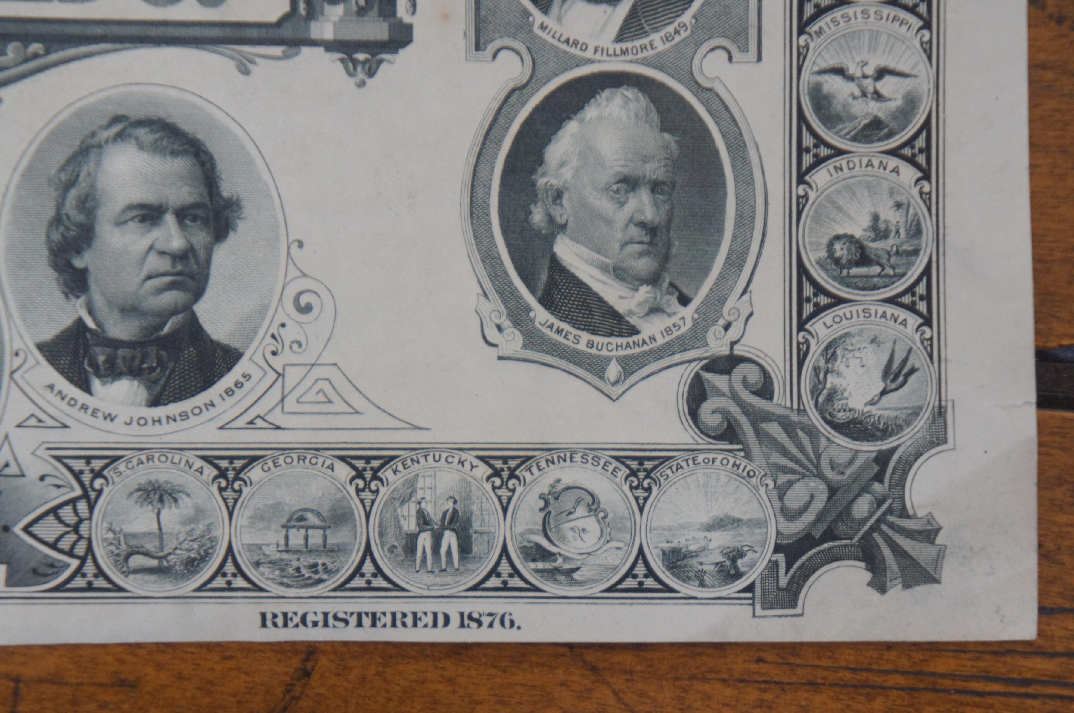 Paper 1876 Antique American Centennial Bank Note Engraving 18 Presidents 36 States