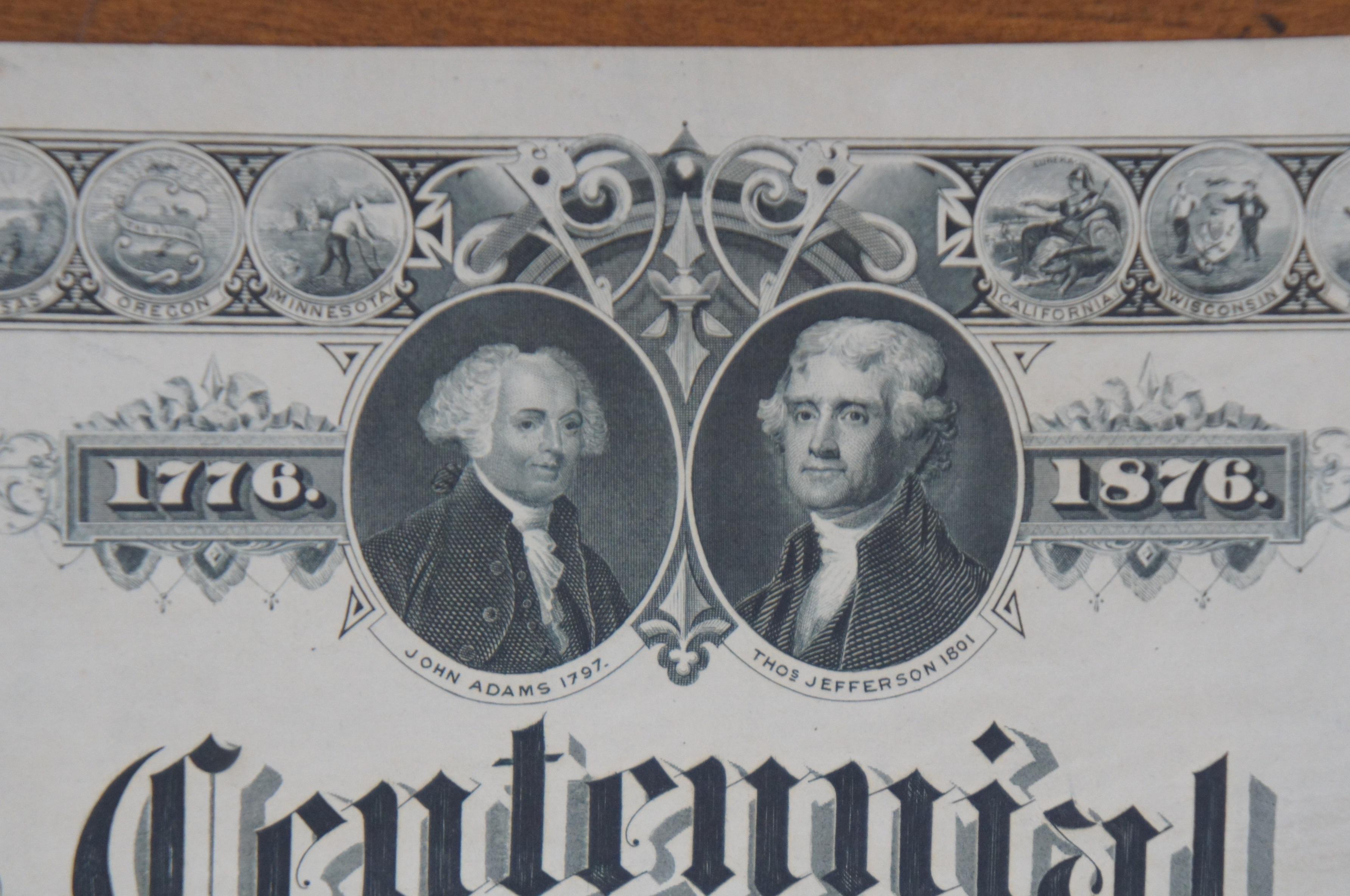 1876 Antique American Centennial Bank Note Engraving 18 Presidents 36 States 1