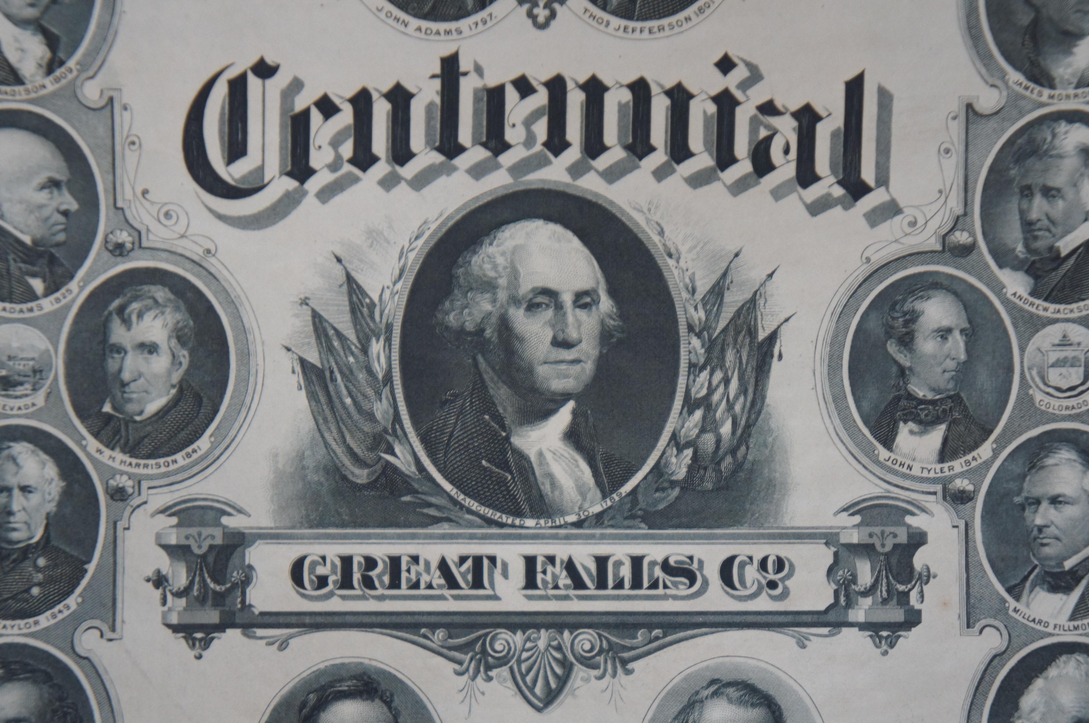 1876 Antique American Centennial Bank Note Engraving 18 Presidents 36 States 2