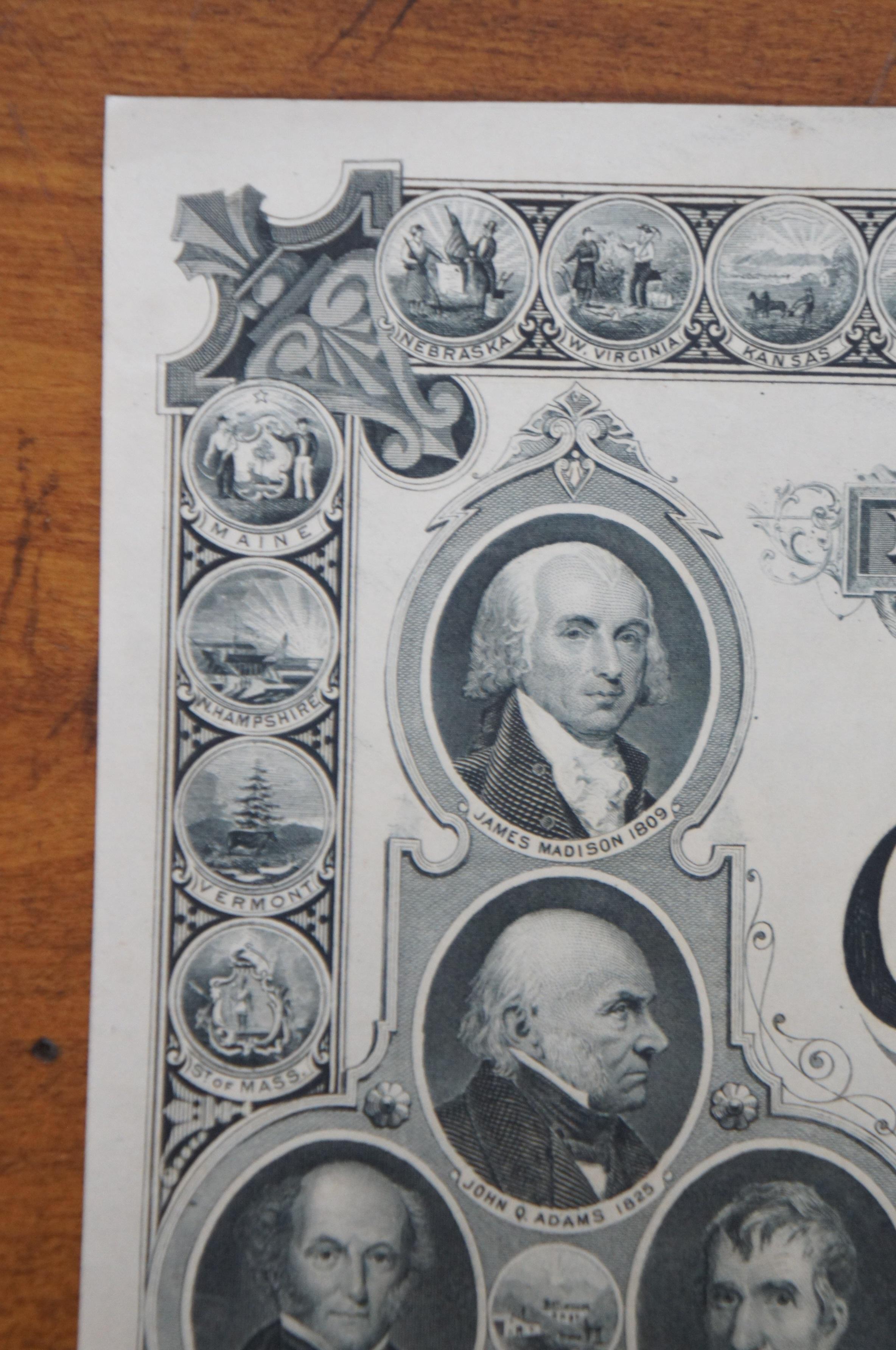 1876 Antique American Centennial Bank Note Engraving 18 Presidents 36 States 3