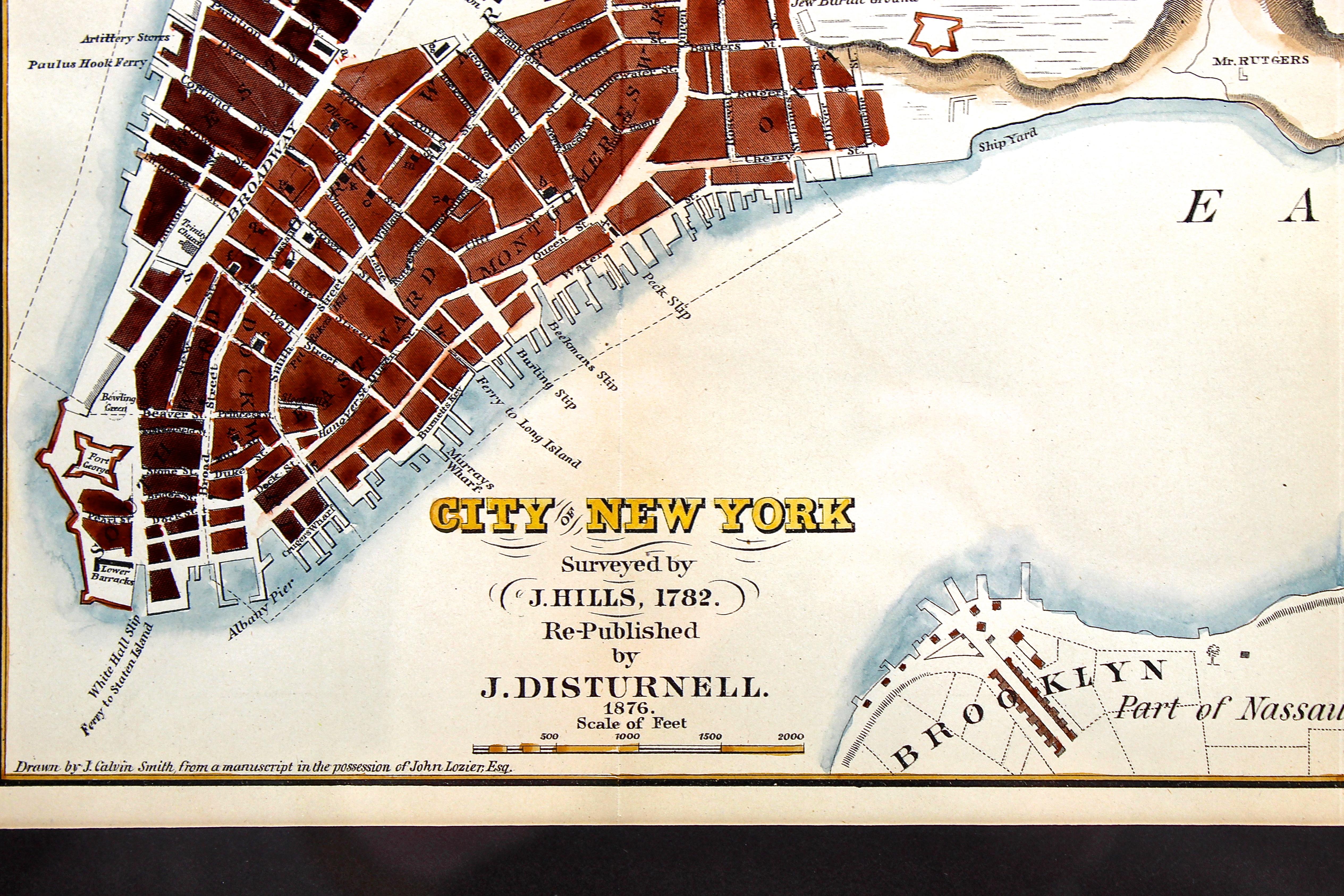 This original map of the city of New York was first surveyed by J. Hills in 1782 and was later re-published by J. Disturnell in 1876, as is shown here. The plan includes detailed hand-coloring. The map was drawn by J. Calvin Smith, printed by Snyder