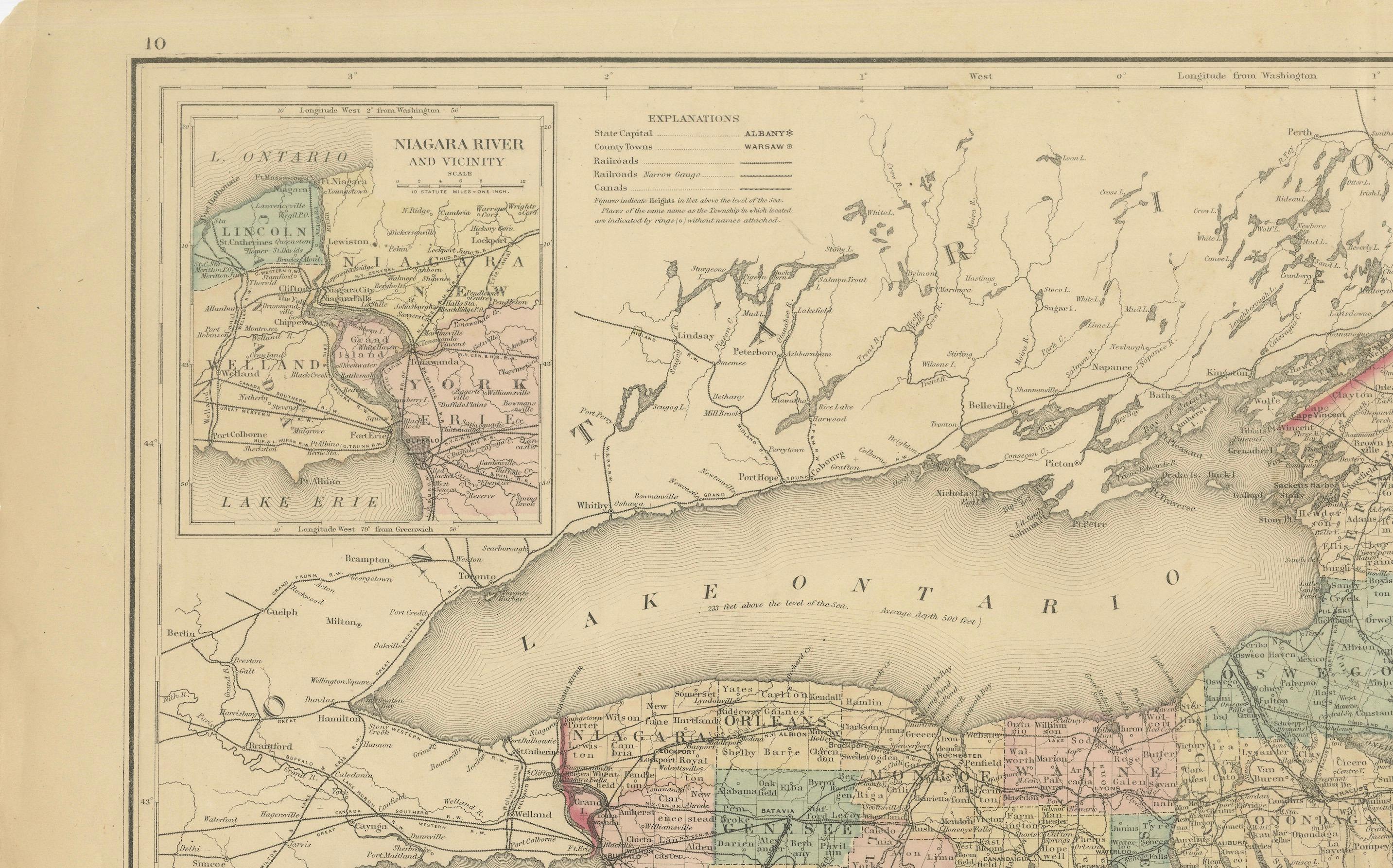 Papier Carte ancienne de l'État de New York avec inserts du Niagara et de la rivière Hudson, 1876 en vente