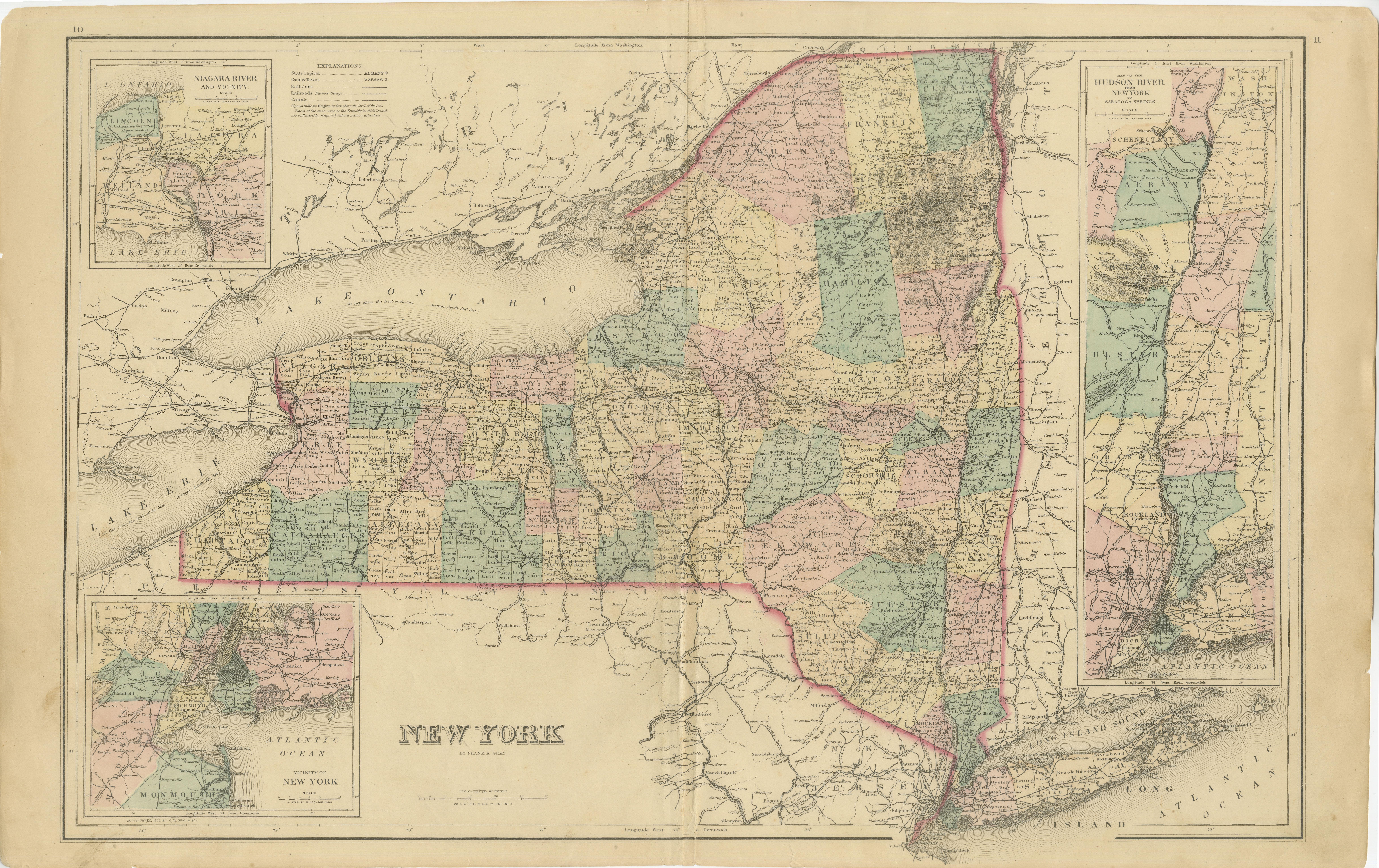 1876 Antique Map of New York State with Niagara and Hudson River Insets