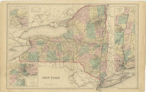 1876 Antique Map of New York State with Niagara and Hudson River Insets