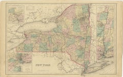 1876 Mapa antiguo del estado de Nueva York con inserciones de los ríos Niágara y Hudson