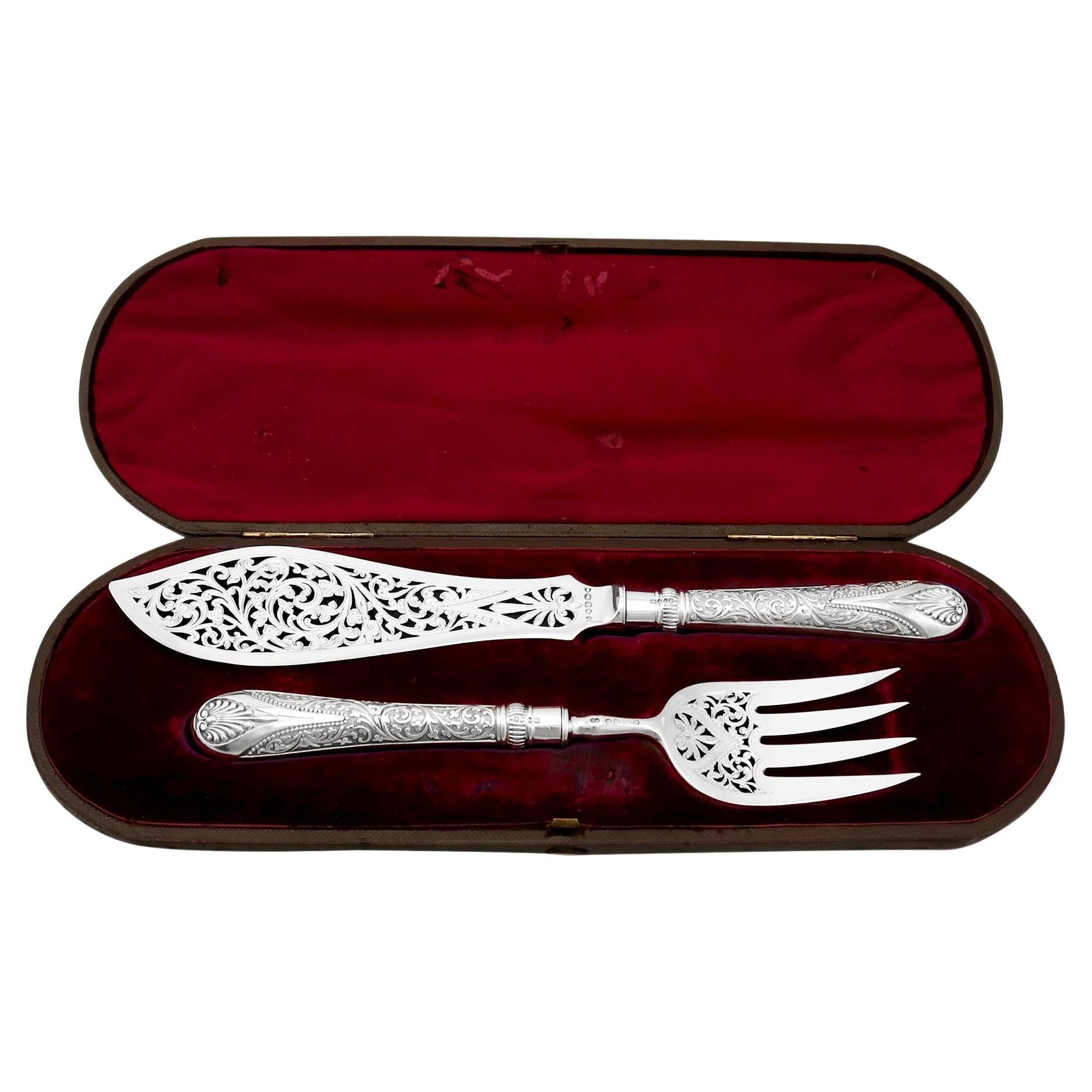 1876 Antique Victorian Sterling Silver Newton Pattern Fish Servers